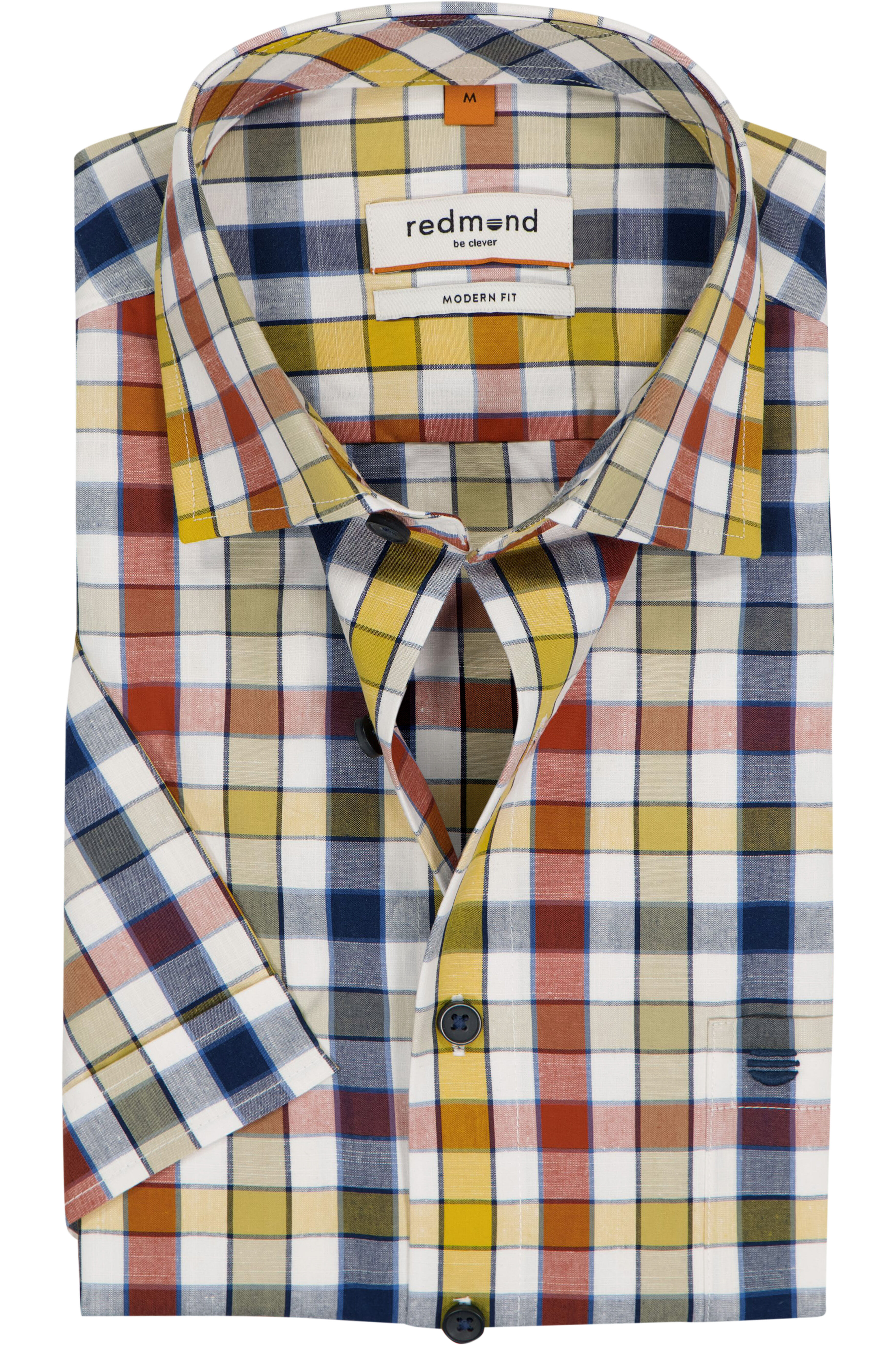 Redmond modern fit overhemd, korte mouw, chambray, blauw met wit, rood en geel geruit