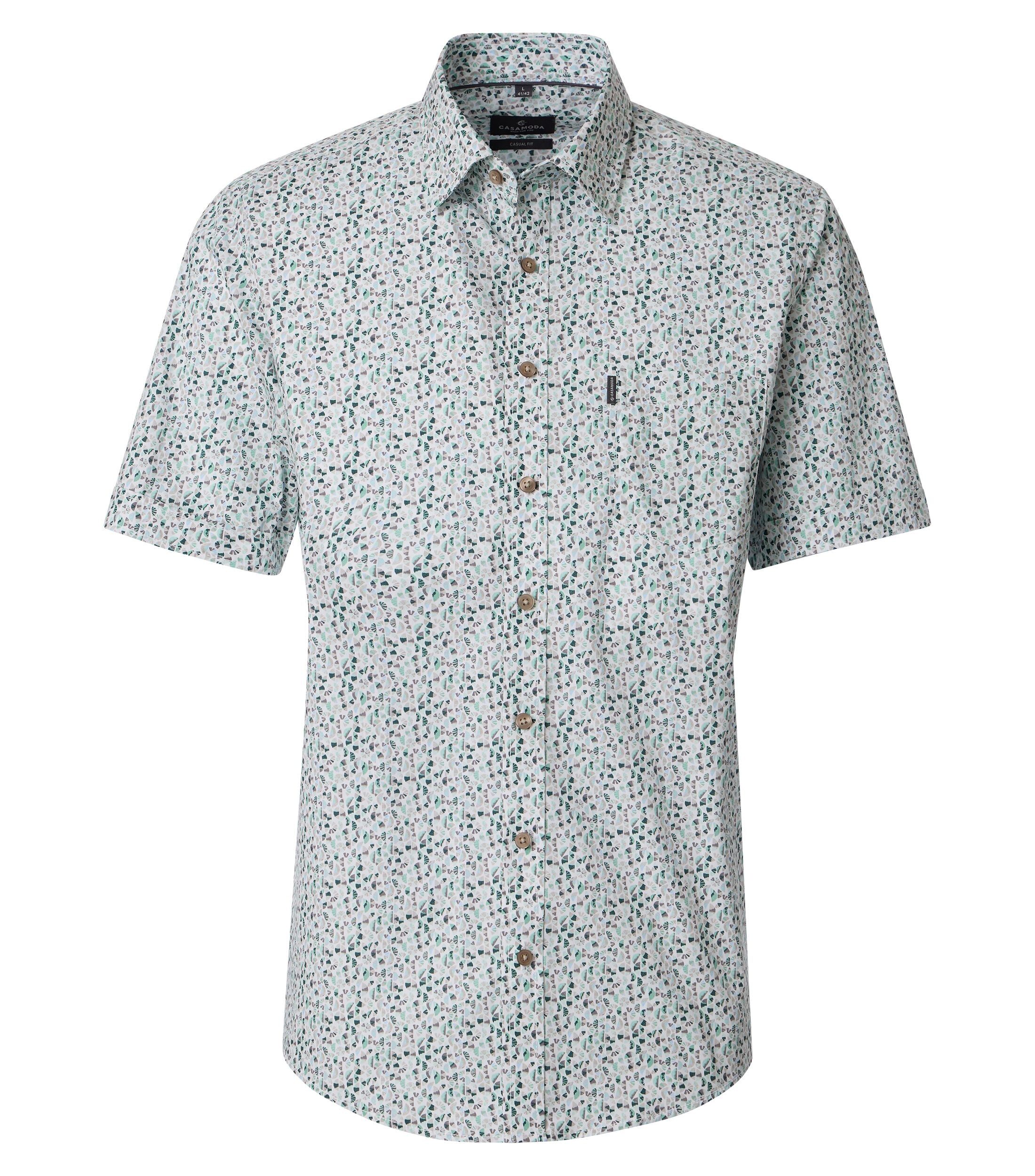 CASA MODA Sport casual fit overhemd, korte mouw, popeline, wit met groen en grijs dessin