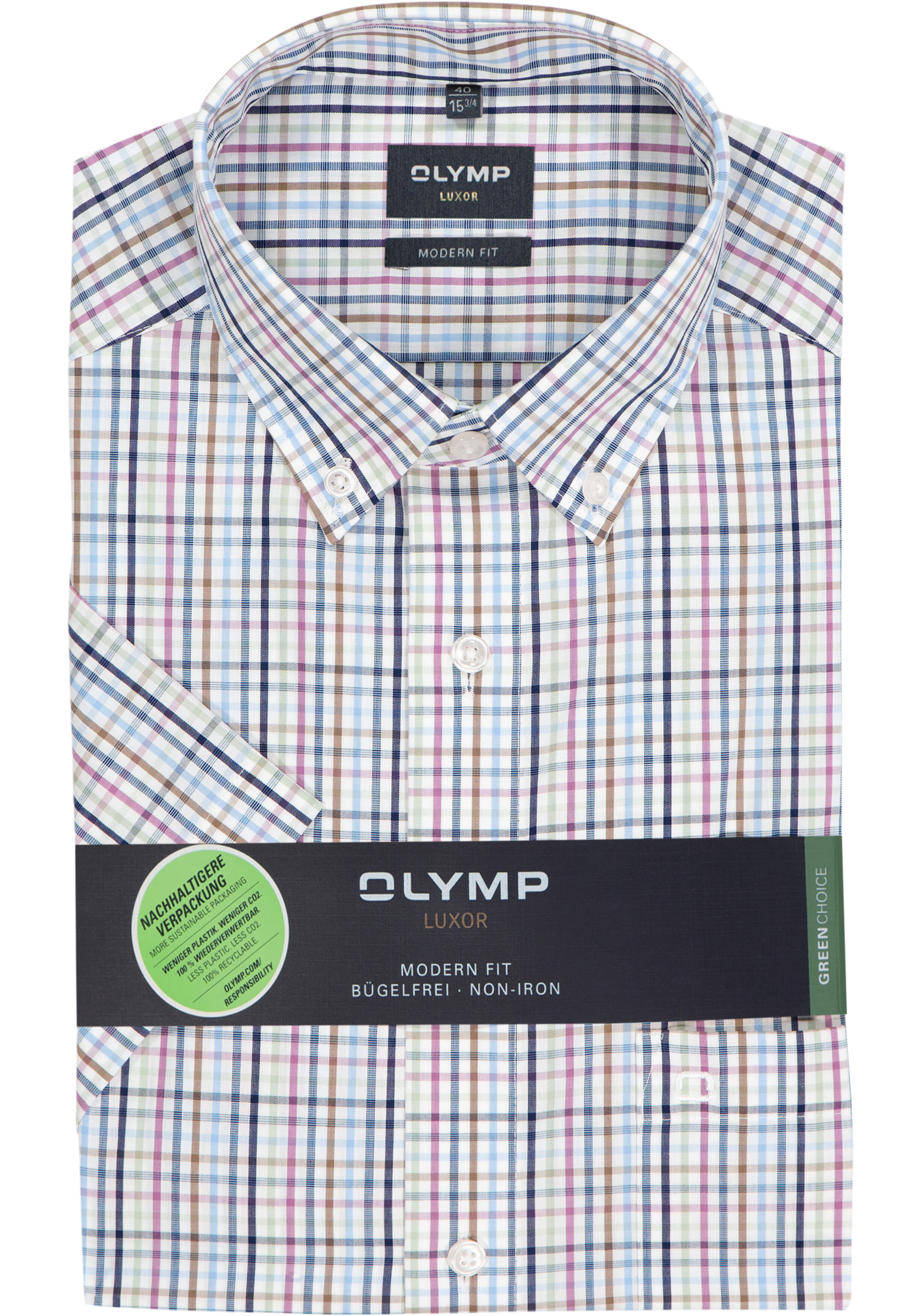OLYMP Luxor modern fit overhemd, korte mouw, popeline, wit met blauw en bruin geruit
