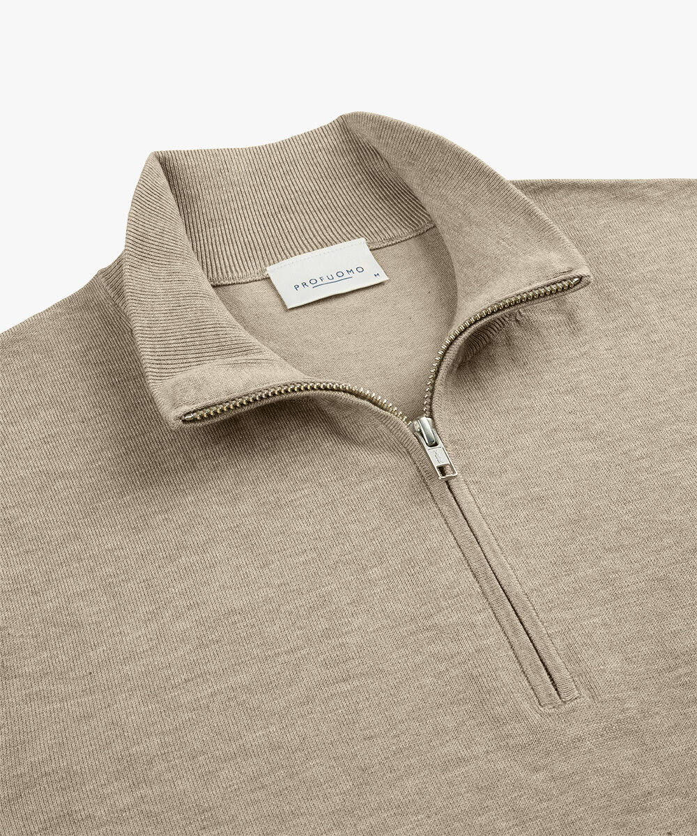 Profuomo heren trui lyocellmengsel, slim fit trui met korte rits, beige