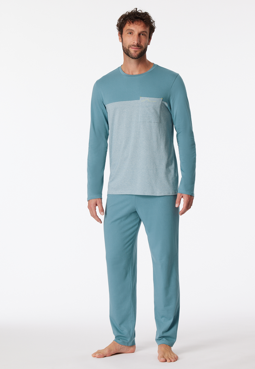 SCHIESSER 95/5 Nightwear pyjamaset, heren pyjama lang organic cotton strepen borstzak blauw-grijs
