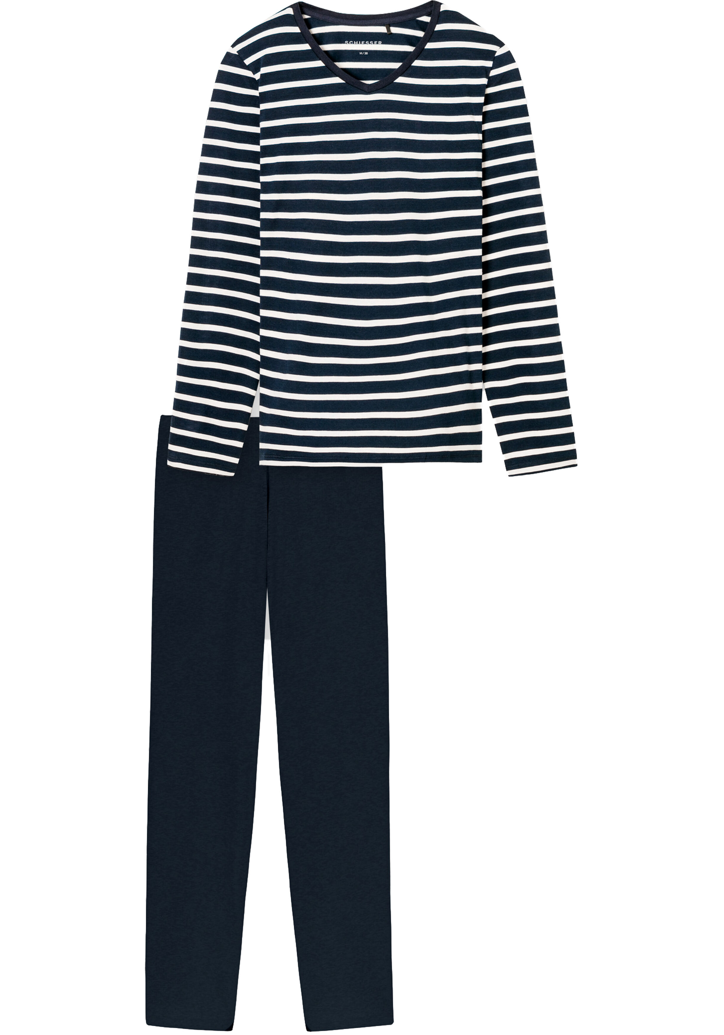 SCHIESSER dames Cotton Essentials Pyjama lang, dames pyjama set, nachtblauw gestreept