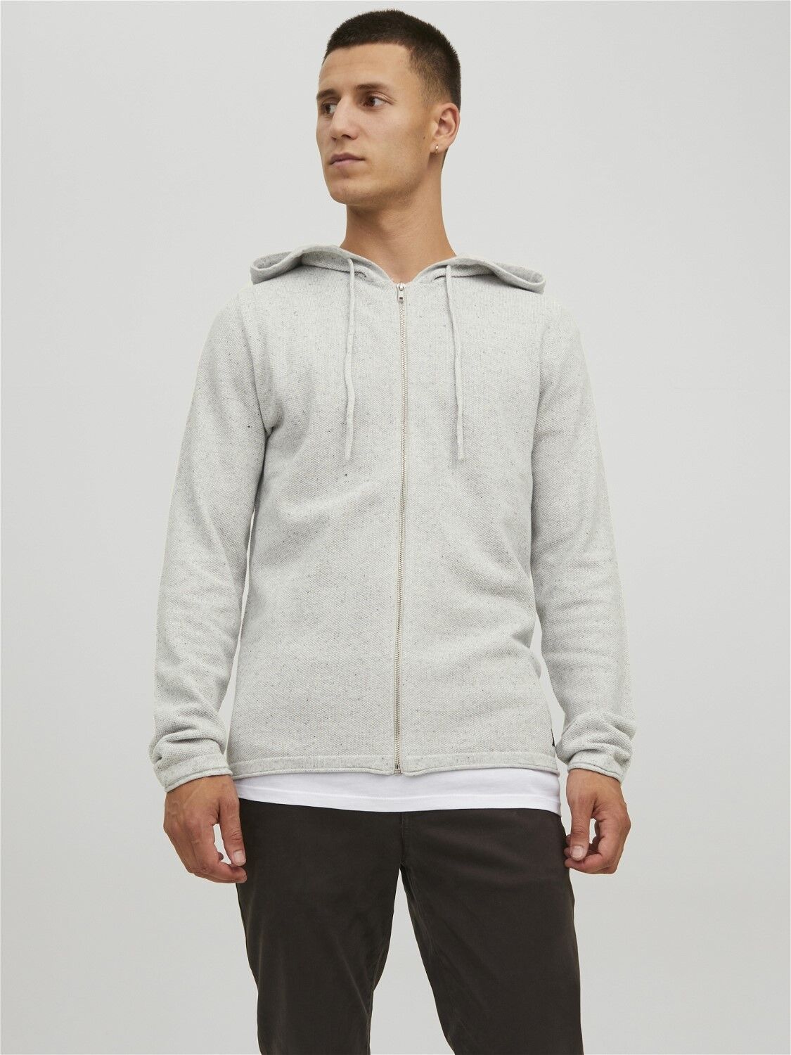JACK & JONES Hill knit cardigan slim fit, heren vest katoen met capuchon, lichtgrijs melange