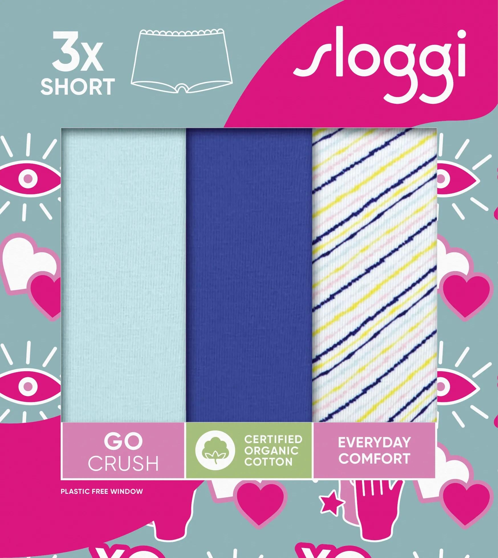 Sloggi Women GO Crush Short (3-pack), dames boxer, lichtblauw, kobaltblauw en blauw, wit en geel gestreept