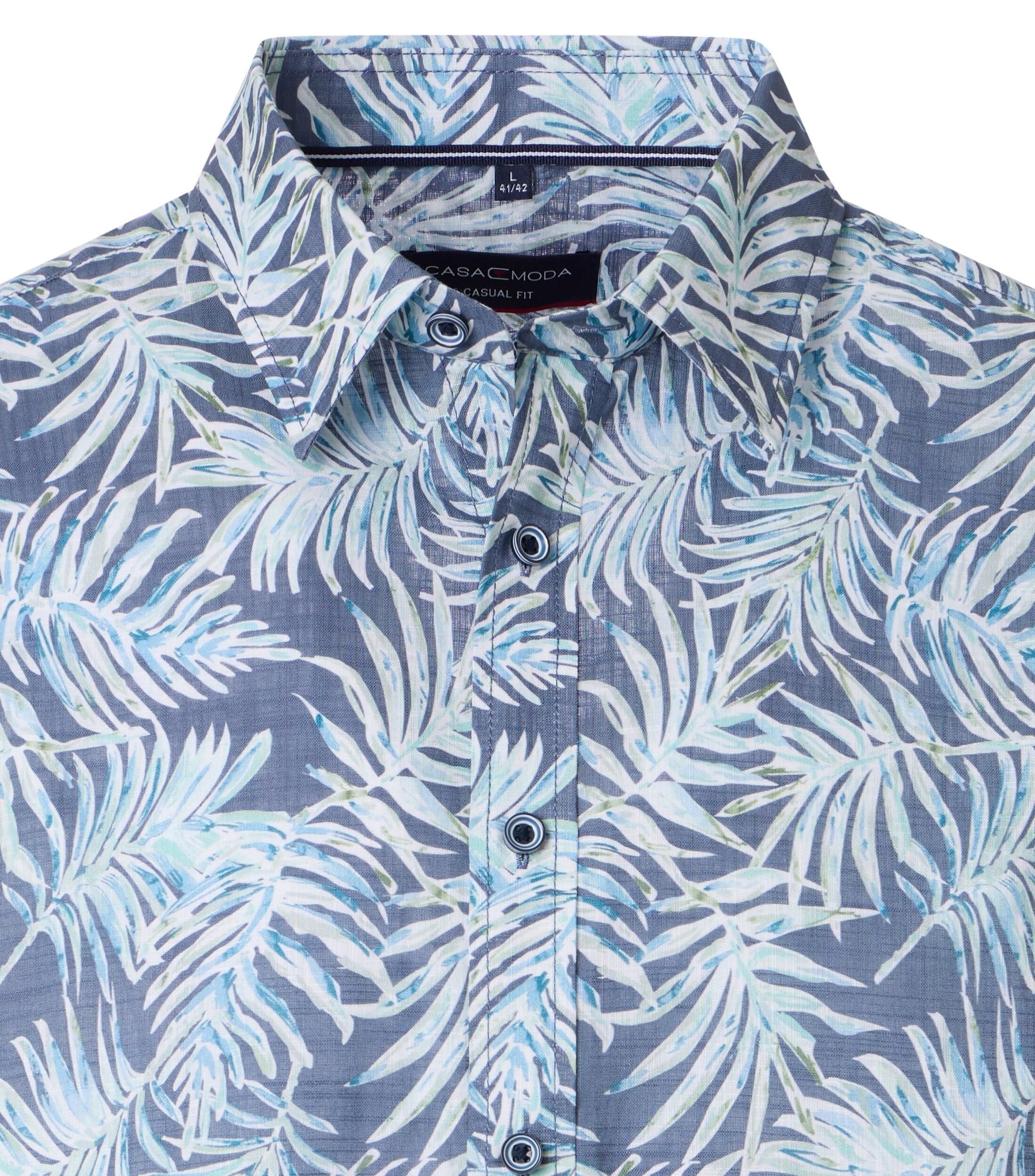 CASA MODA Sport casual fit overhemd, korte mouw, chambray, blauw met wit en groen dessin