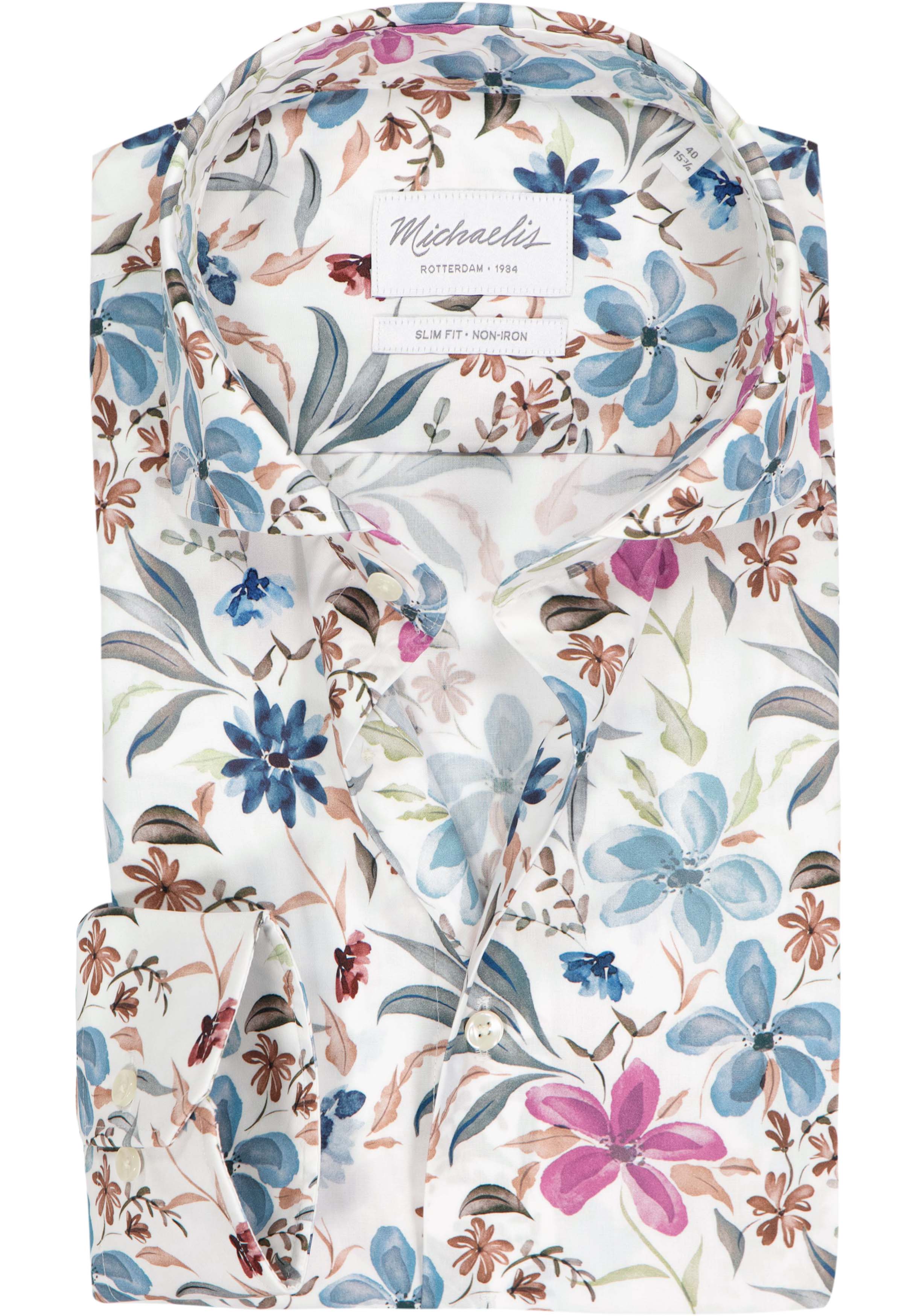 Michaelis slim fit heren overhemd, popeline, wit met blauw en groen bloemen dessin