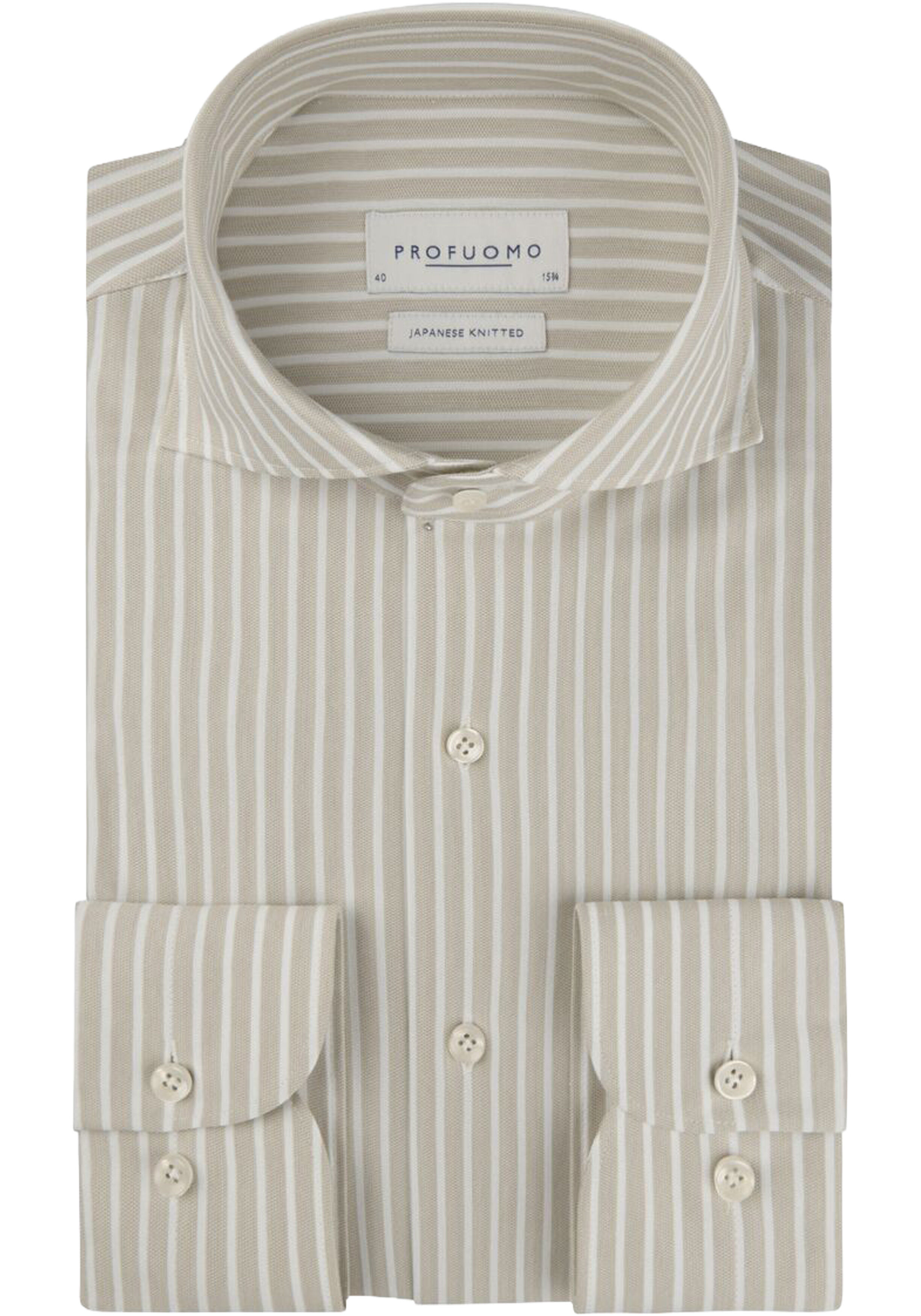 Profuomo slim fit heren overhemd, jersey, licht olijfgroen met wit gestreept