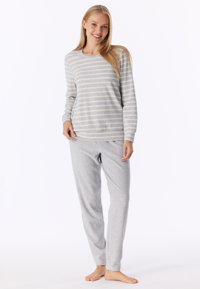 SCHIESSER dames Cotton Essentials Pyjama lang, dames pyjama set, zilvergrijs melange gestreept