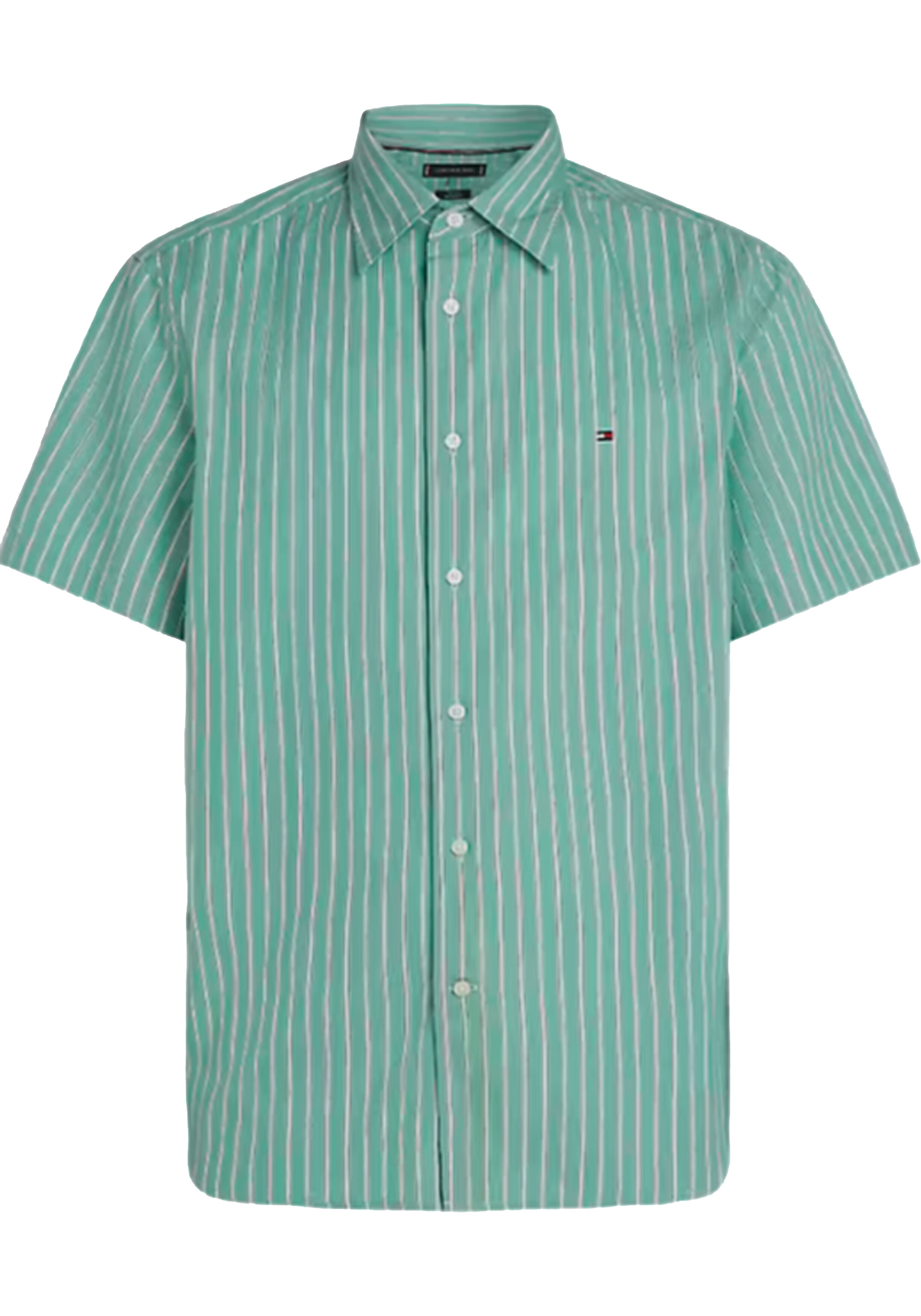 Tommy Hilfiger Flex Poplin Regular Fit Shirt, korte mouw, popeline, groen met wit gestreept