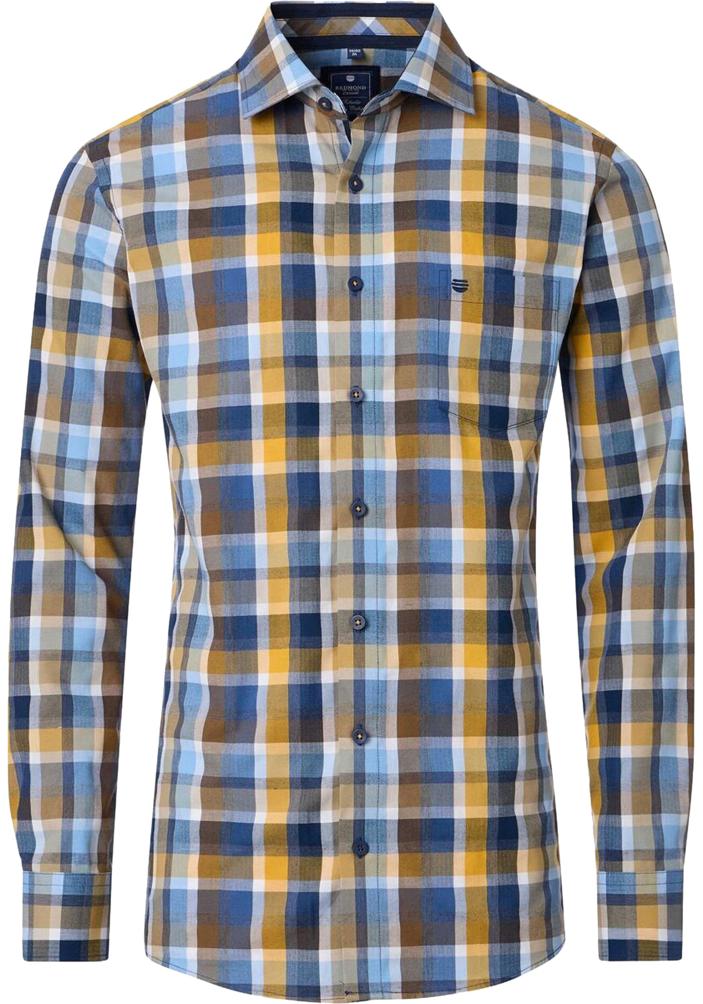 Redmond comfort fit overhemd, dobby, bruin met geel, wit en blauw geruit