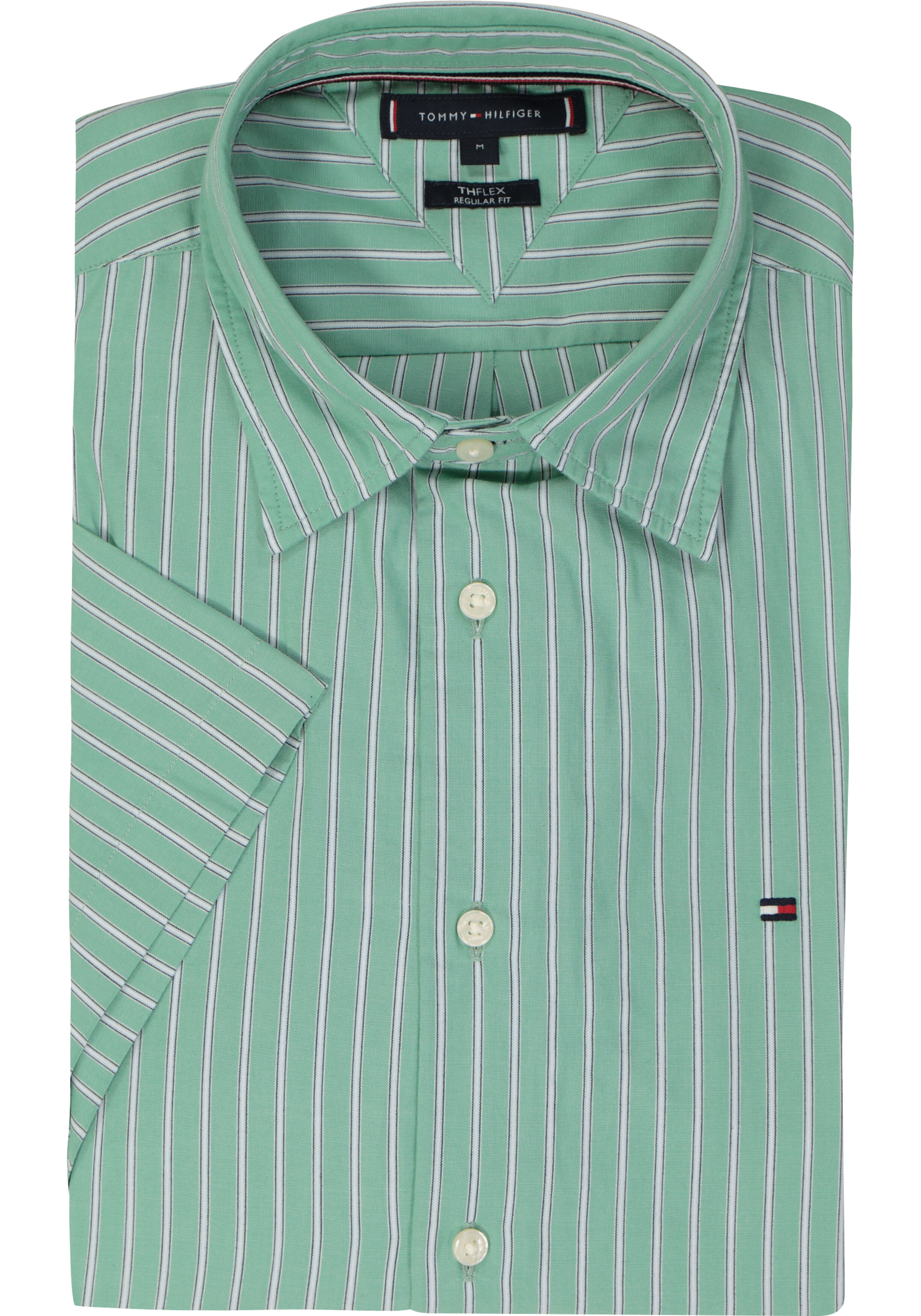 Tommy Hilfiger Flex Poplin Regular Fit Shirt, korte mouw, popeline, groen met wit gestreept