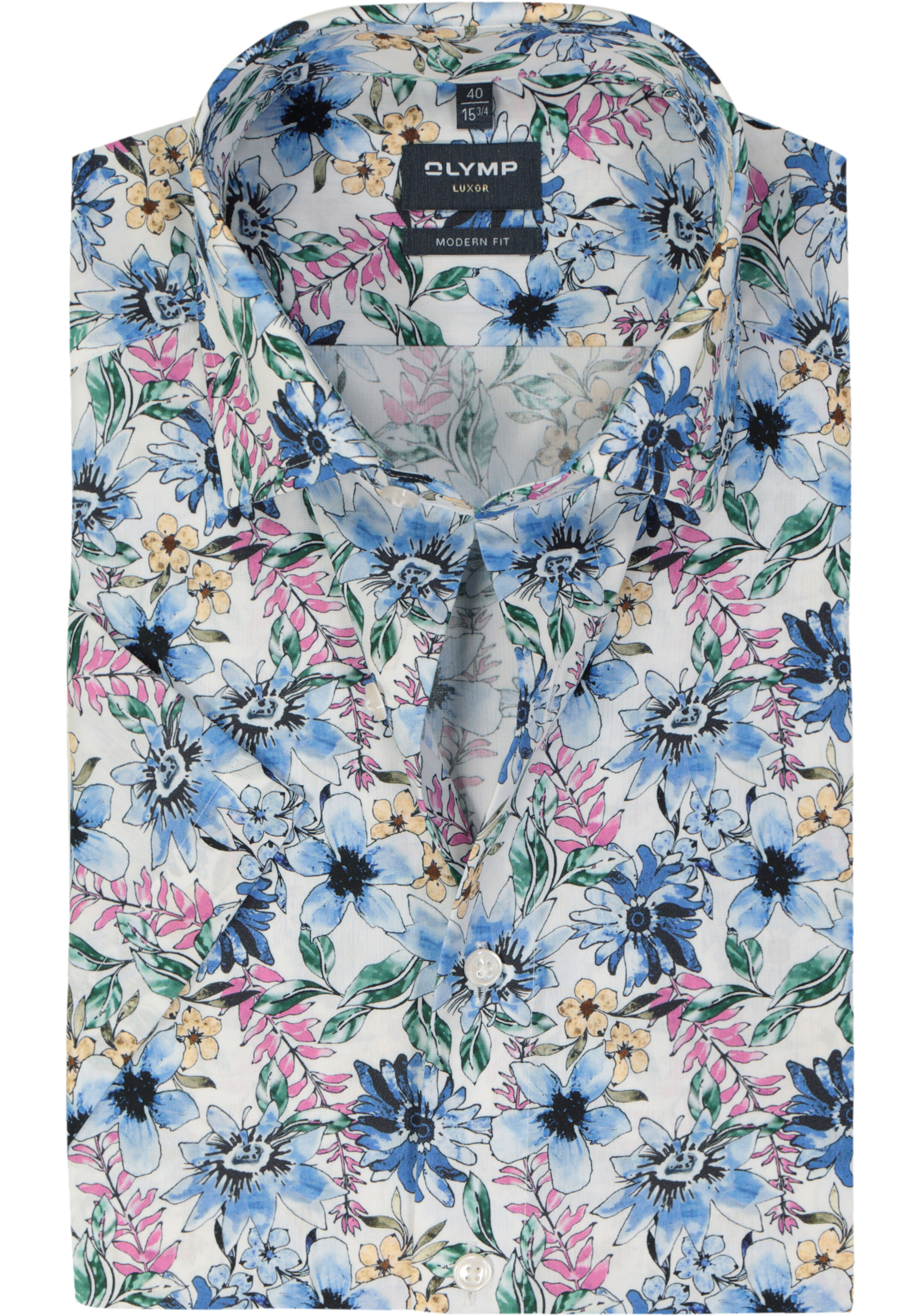 OLYMP modern fit overhemd, korte mouw, popeline, wit met blauw, groen en roze bloemen dessin