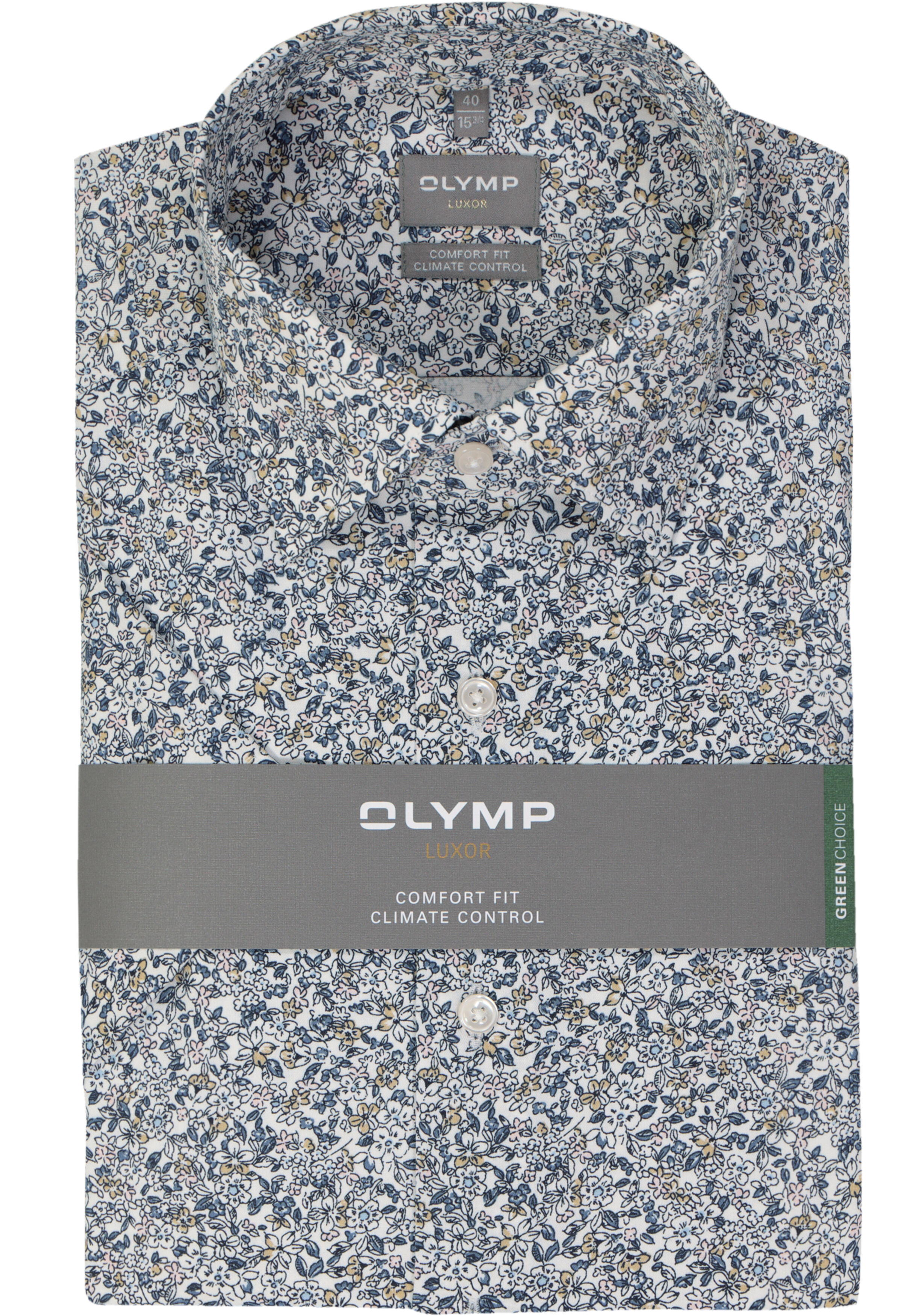 OLYMP comfort fit overhemd, korte mouw, dobby, wit met blauw en beige bloemetjes dessin