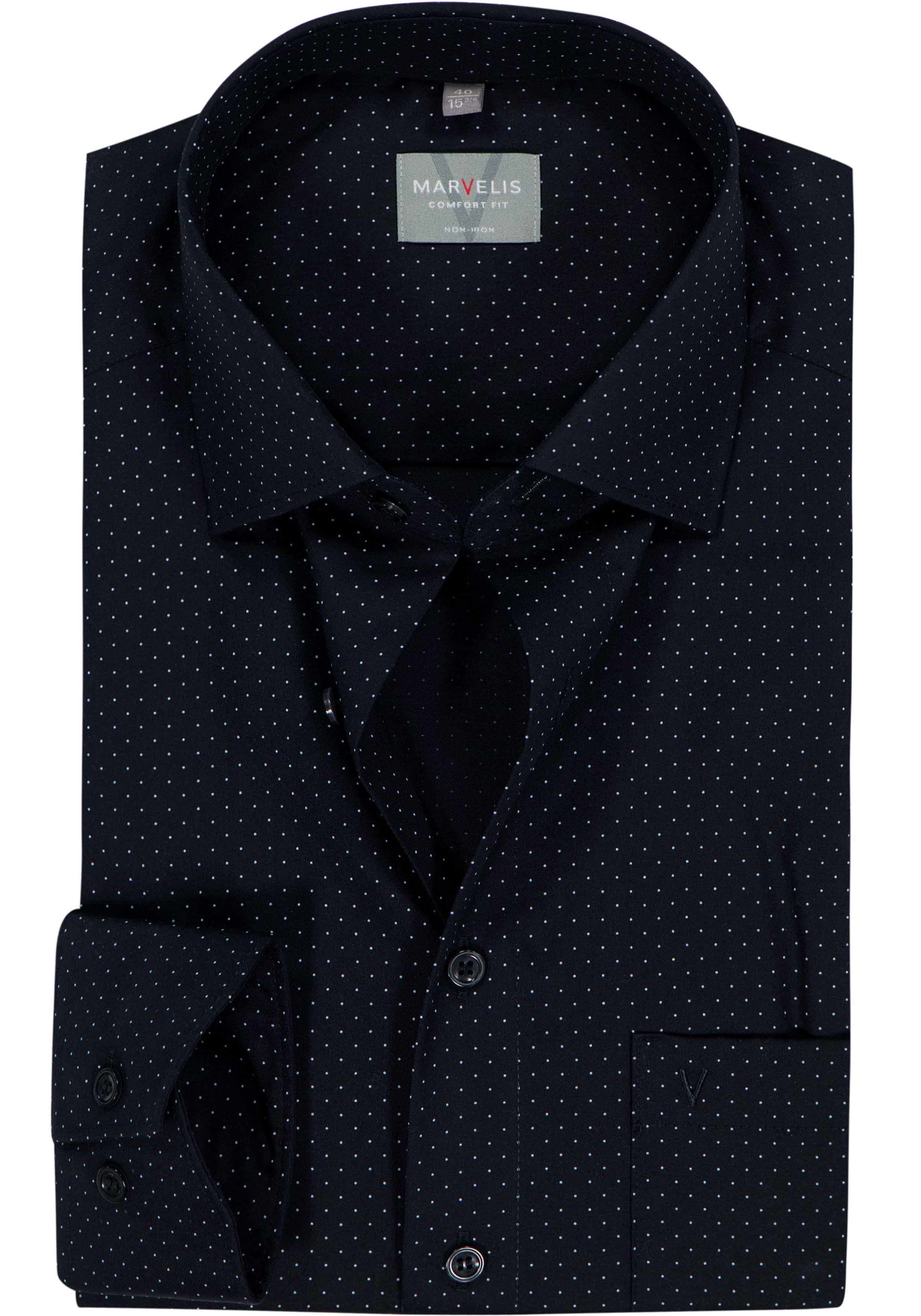MARVELIS comfort fit overhemd, popeline, zwart met wit gestipt dessin