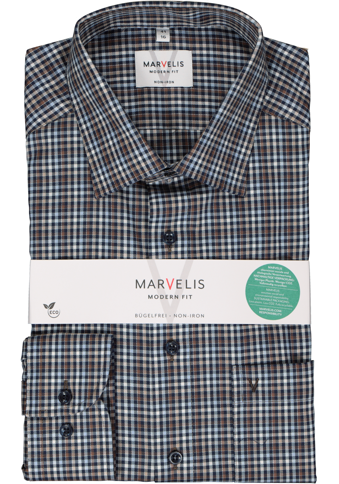 2-4062534744191_marvelis-overhemd_HR MARVELIS modern fit overhemd, twill, blauw, wit en bruin geruit