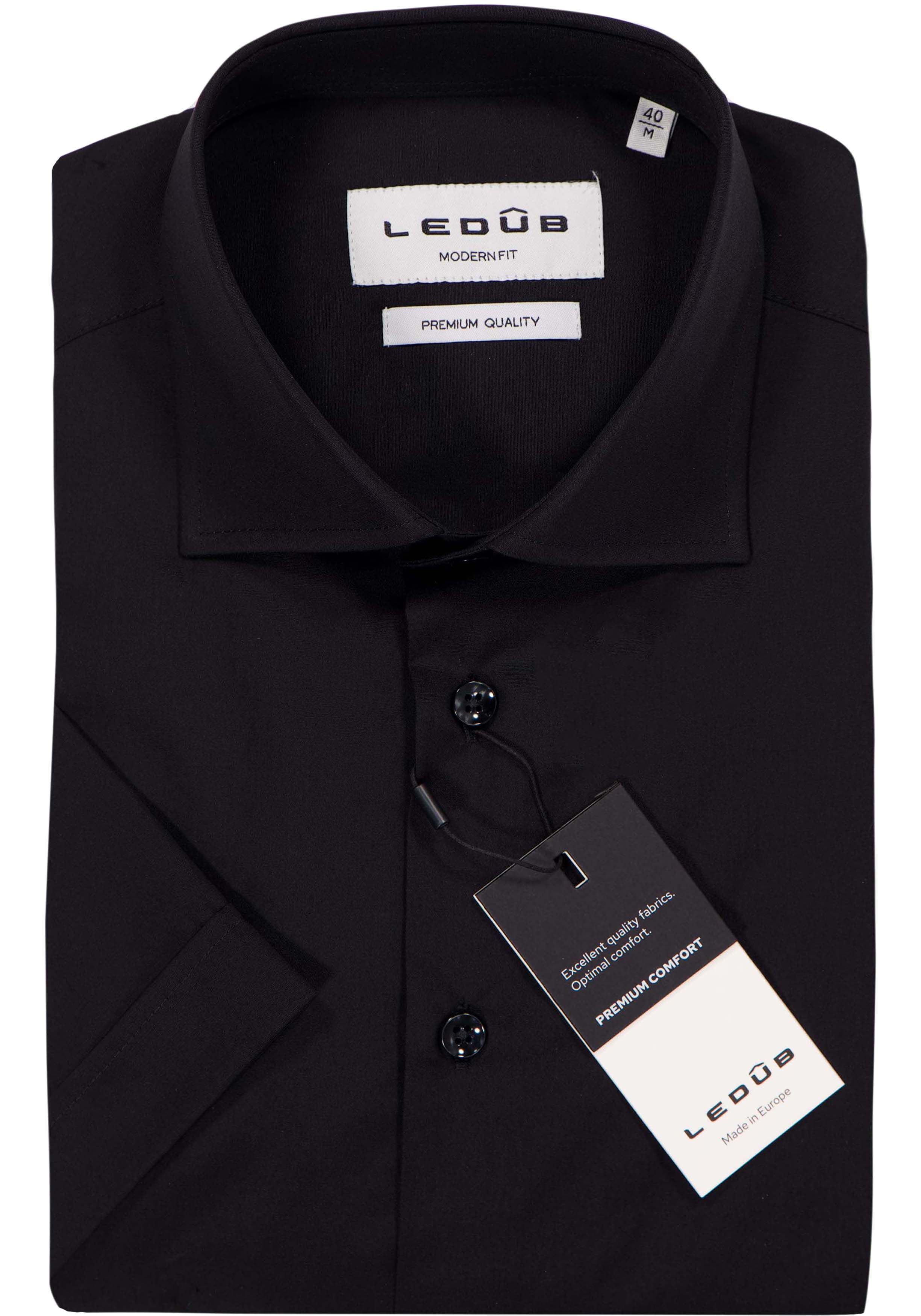 Ledub modern fit overhemd, korte mouw, popeline, zwart