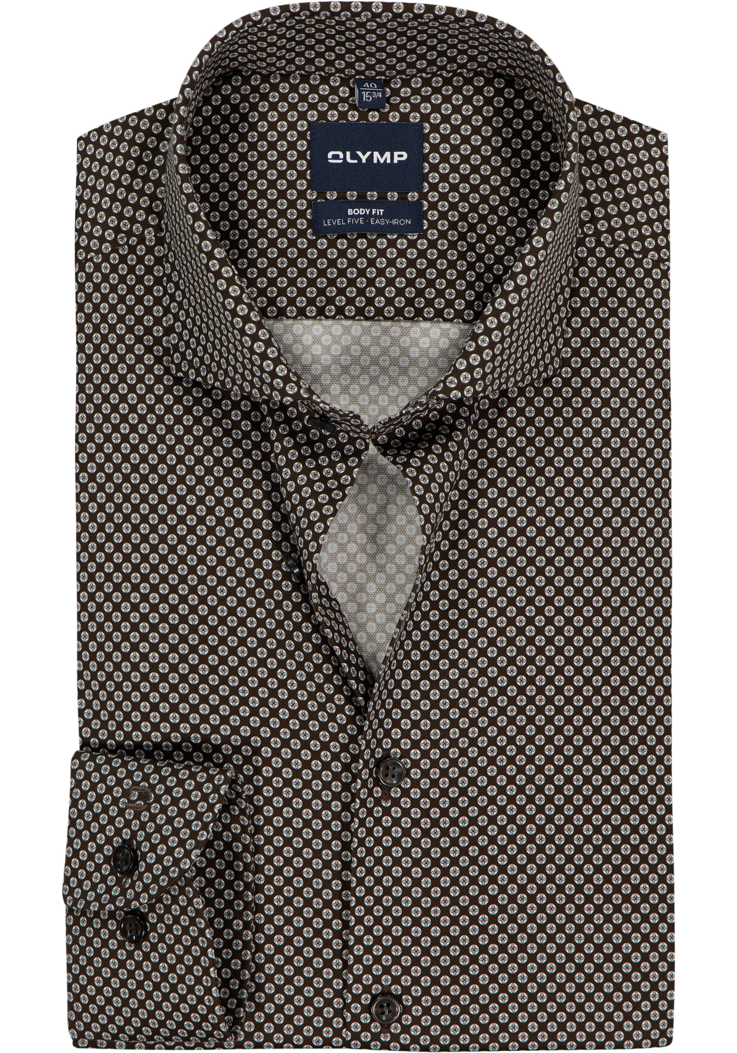 OLYMP Level 5 body fit overhemd, dobby, bruin met wit dessin