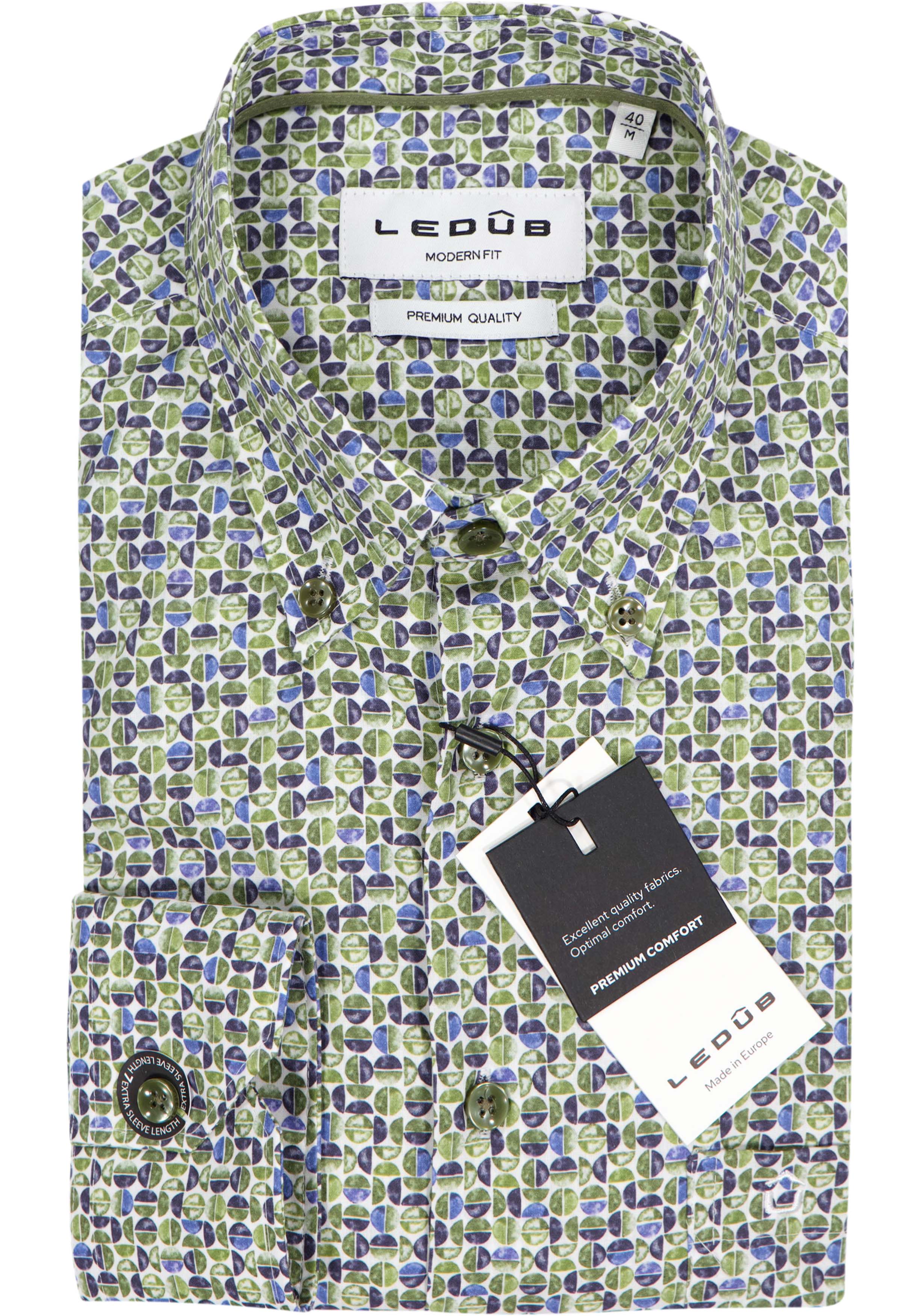 Ledub modern fit overhemd, mouwlengte 72 cm, popeline, blauw met groen en wit dessin