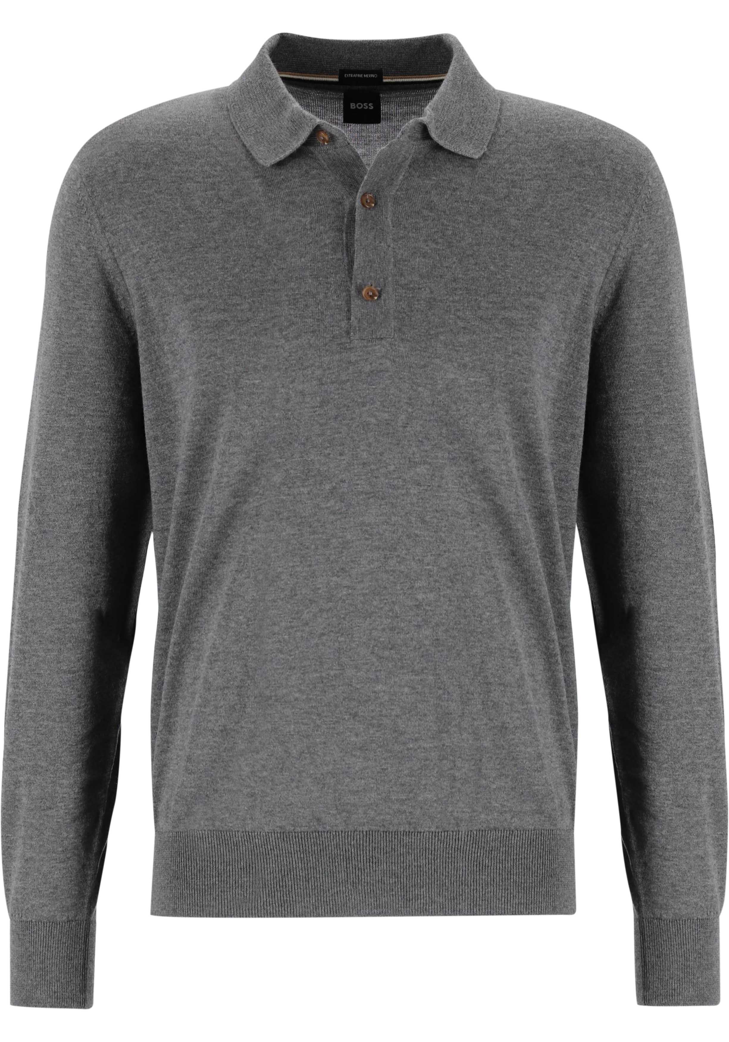 BOSS Lancione regular fit trui wol, heren trui middeldik gebreide polo, middengrijs