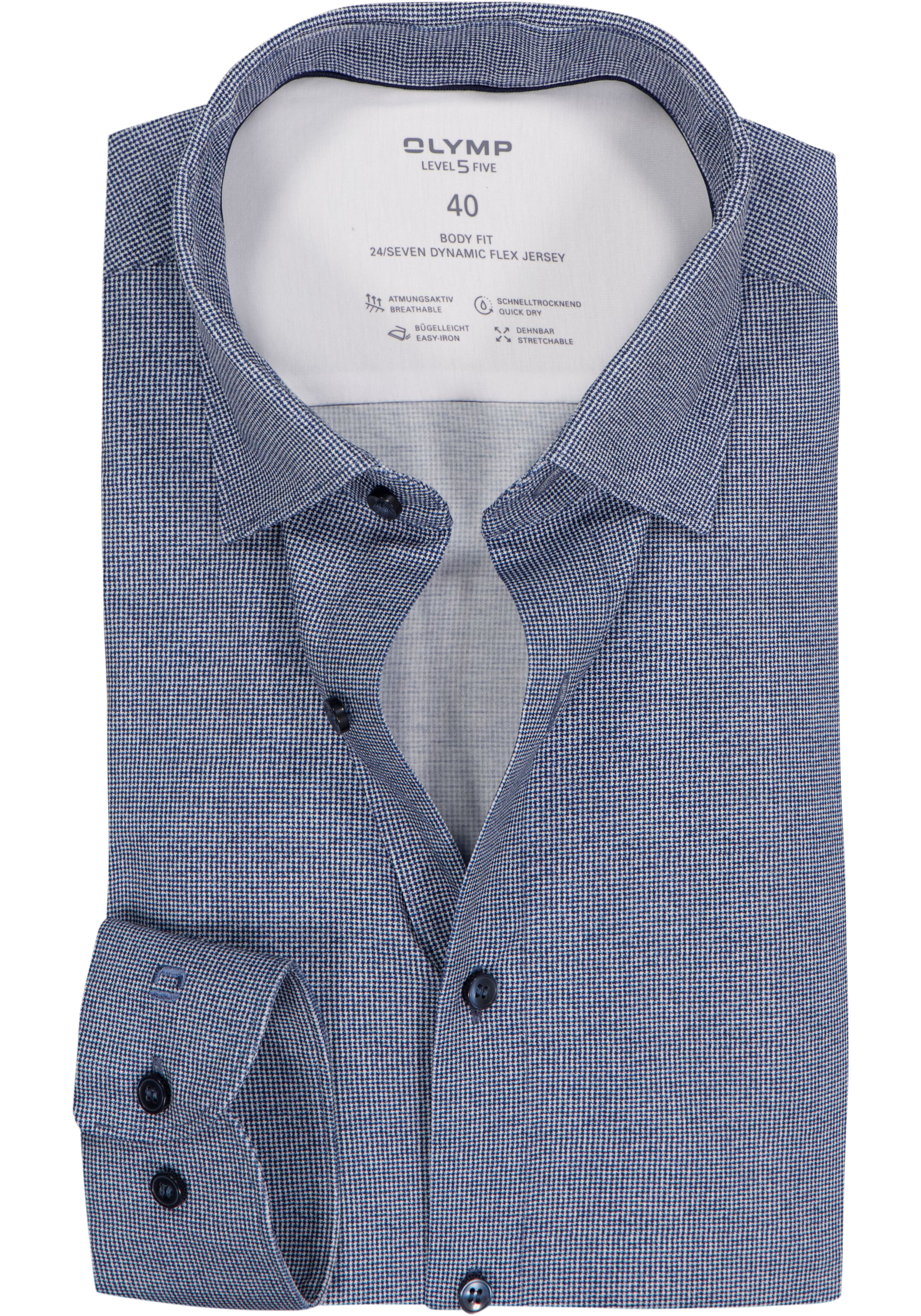OLYMP 24/7 Level 5 body fit overhemd, tricot, marine blauw dessin