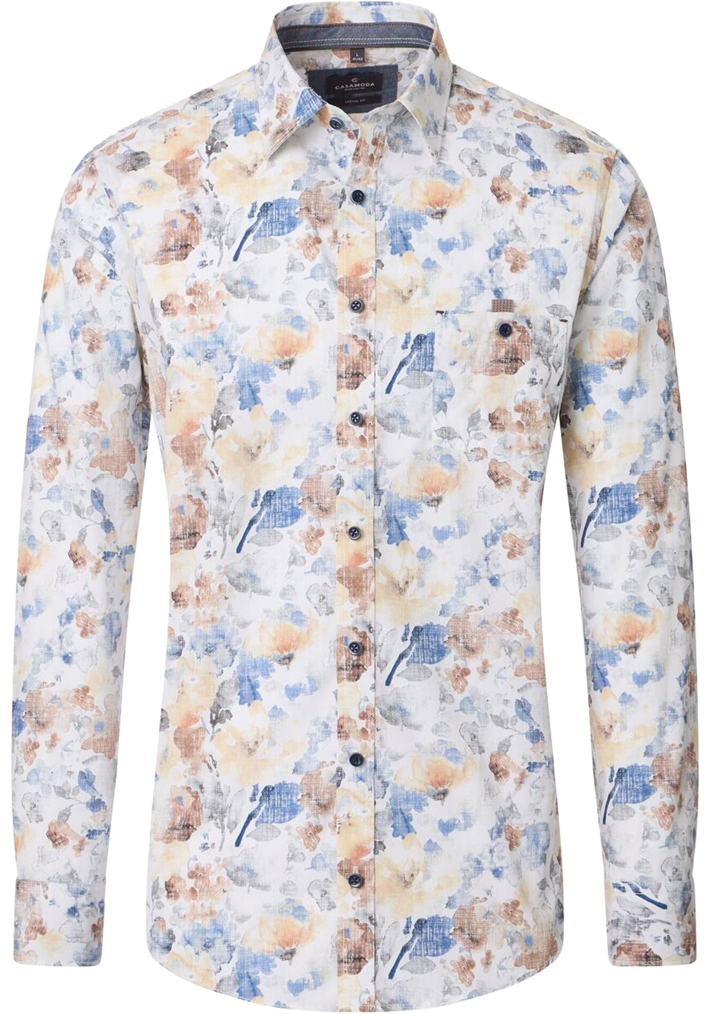 CASA MODA Sport casual fit overhemd, popeline, wit met geel, blauw en bruin bloemen dessin