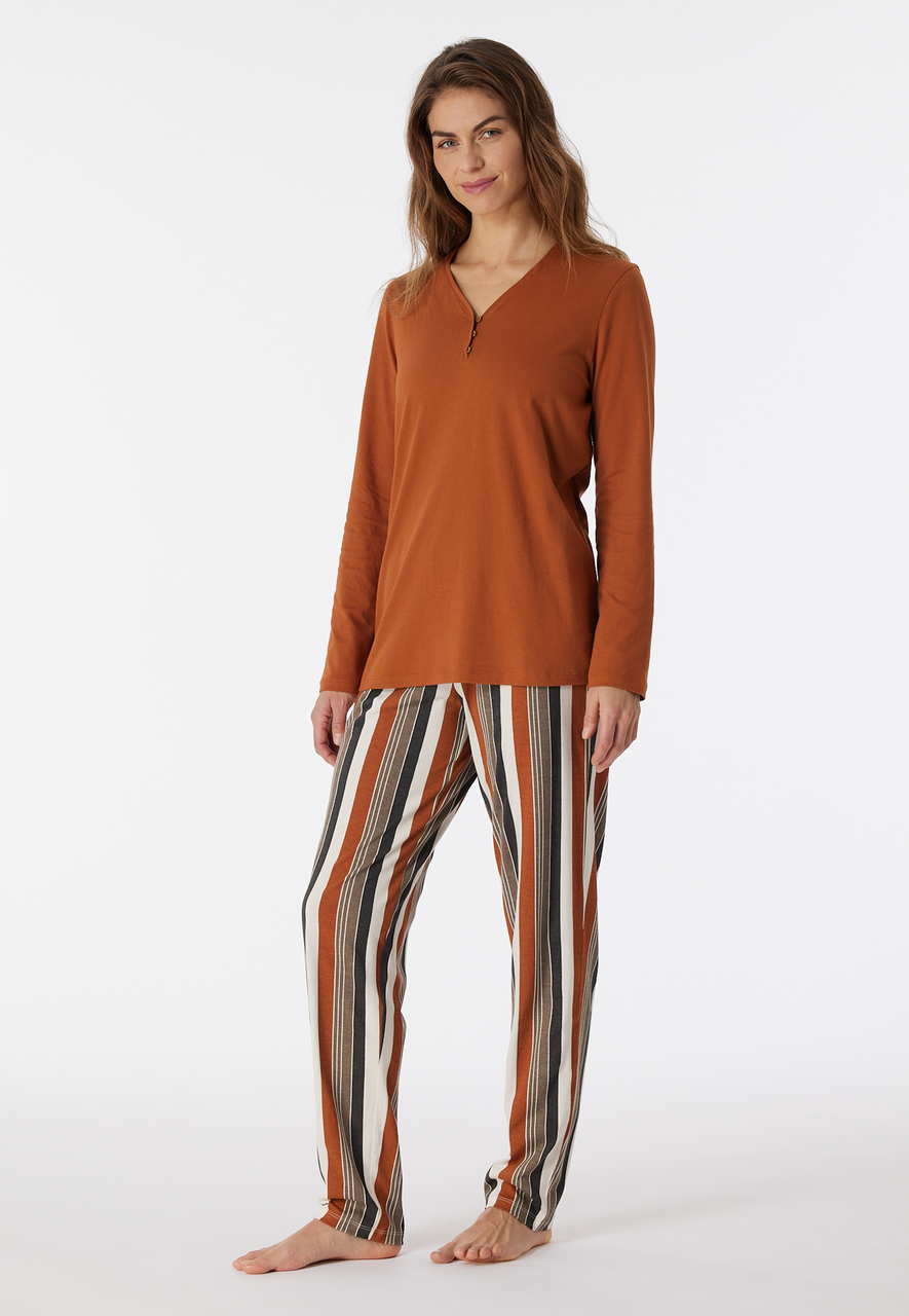 SCHIESSER Comfort Nightwear pyjamaset, dames pyjama lang biologisch katoen knoopsluiting whisky