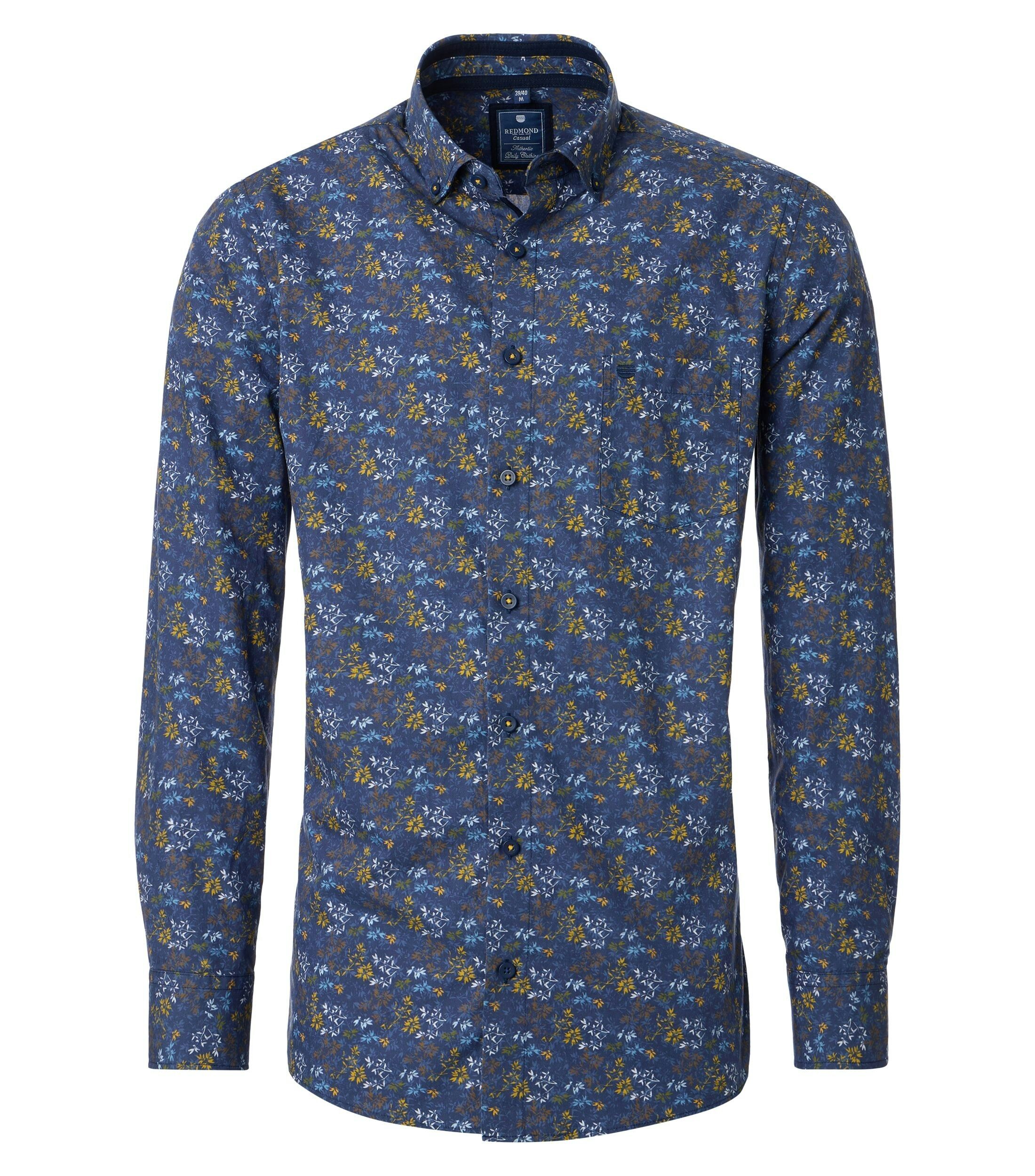 Redmond comfort fit overhemd, popeline, donkerblauw met geel en bruin dessin