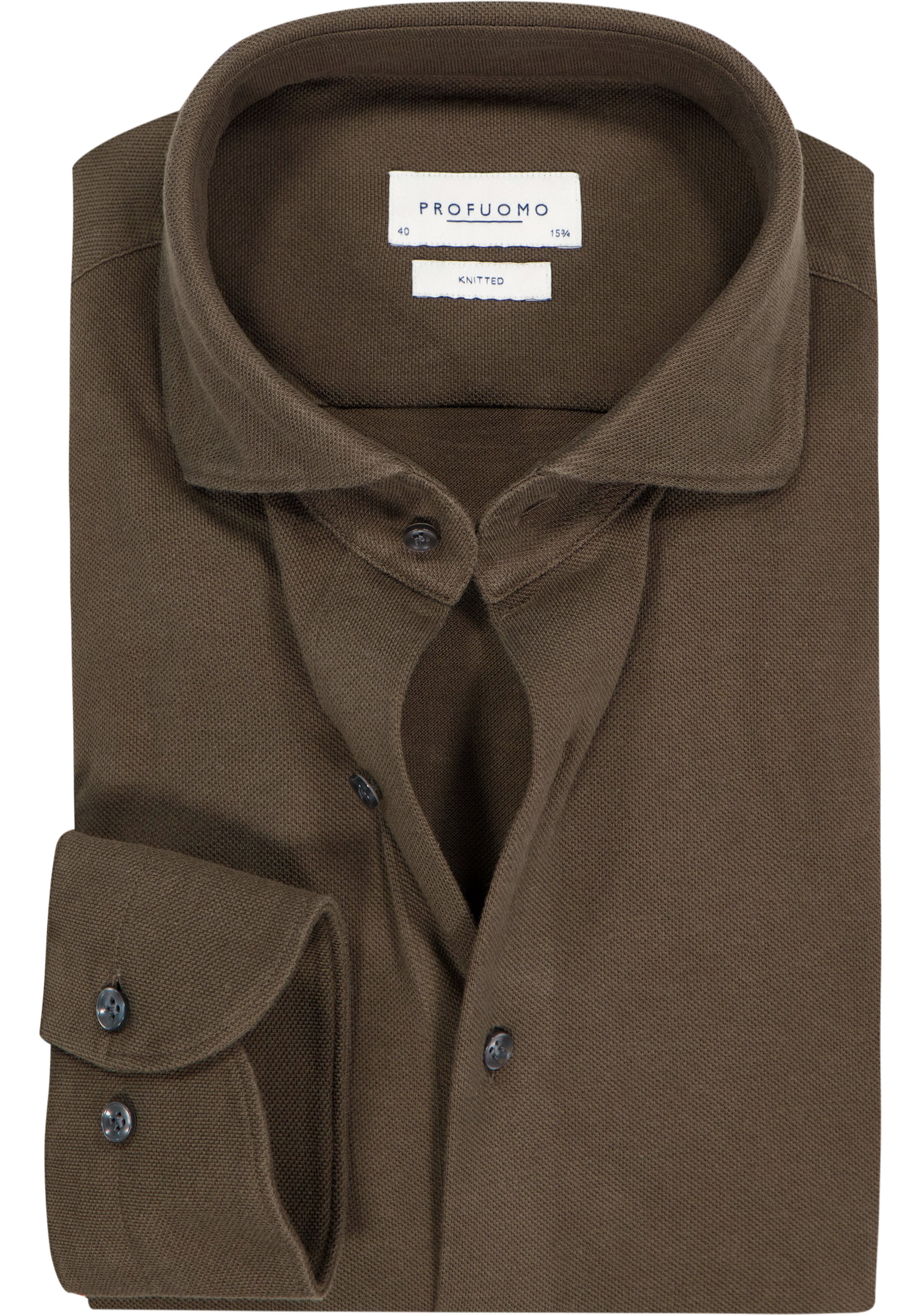 Profuomo slim fit heren overhemd, jersey, olijfgroen