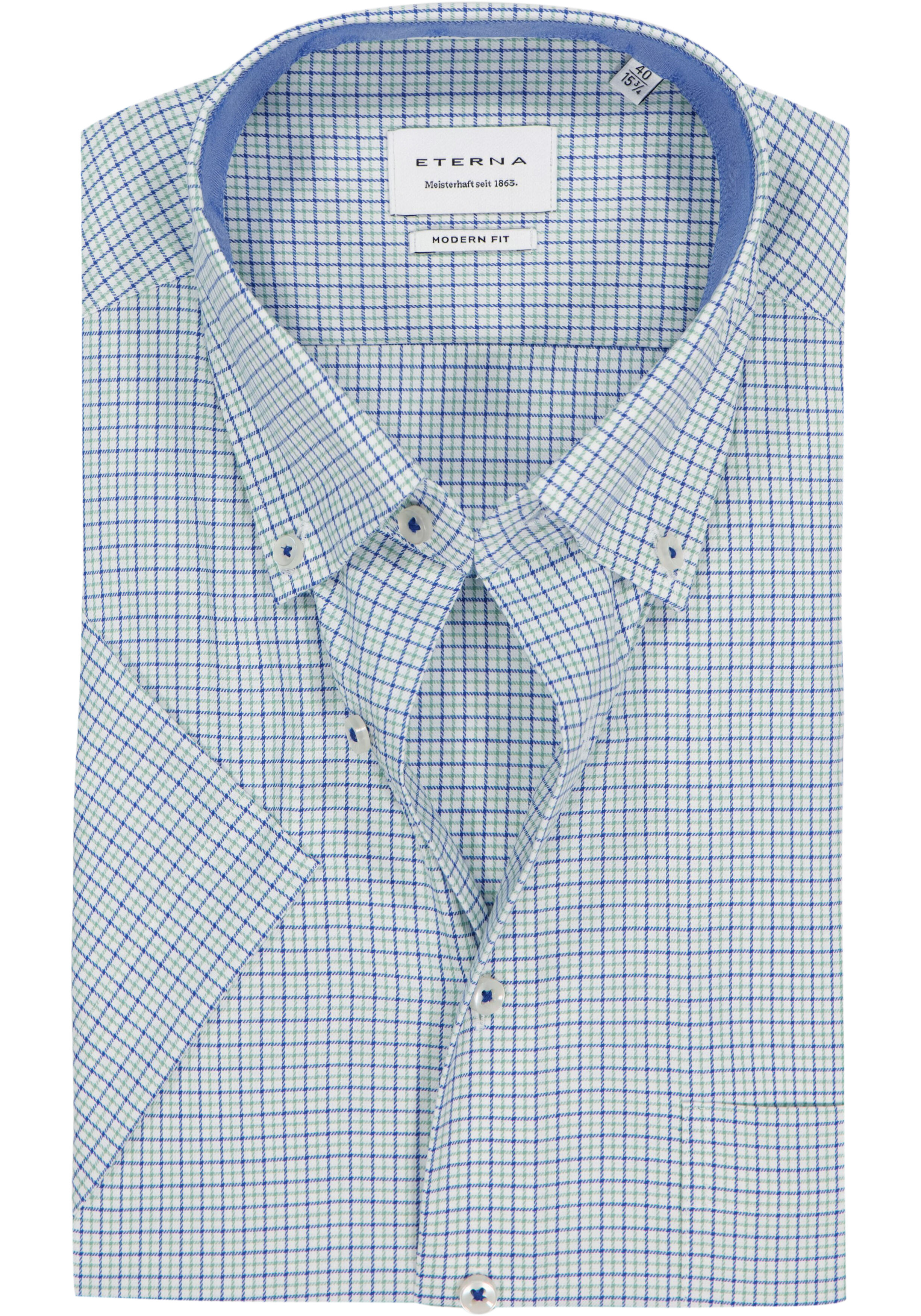 ETERNA modern fit overhemd korte mouw, twill, wit met groen en blauw geruit