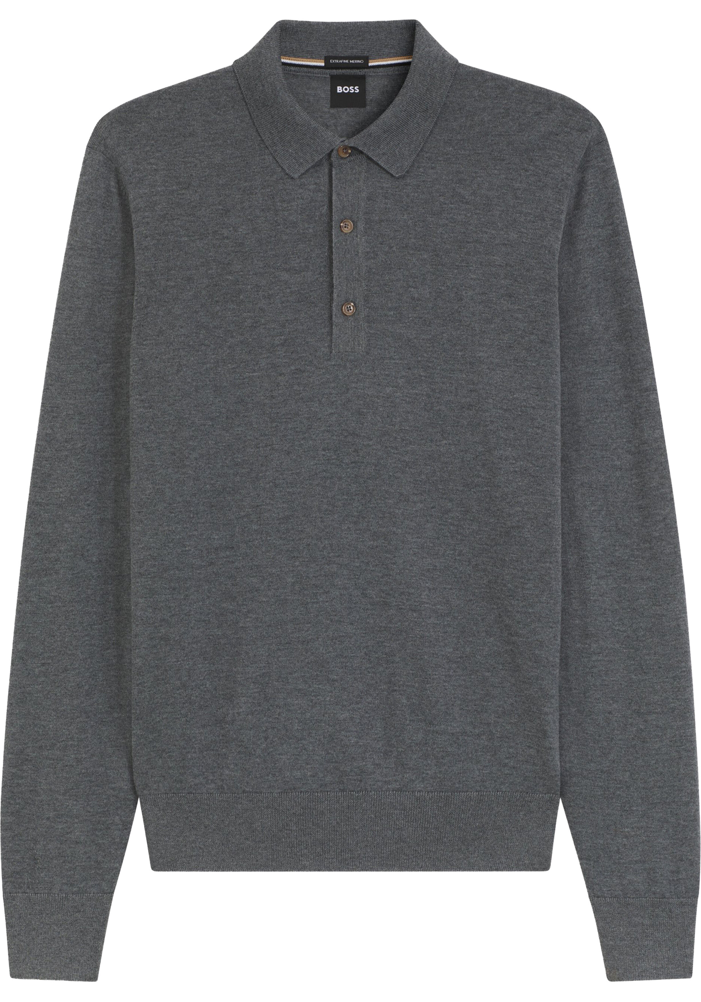 BOSS Lancione regular fit trui wol, heren trui middeldik gebreide polo, middengrijs