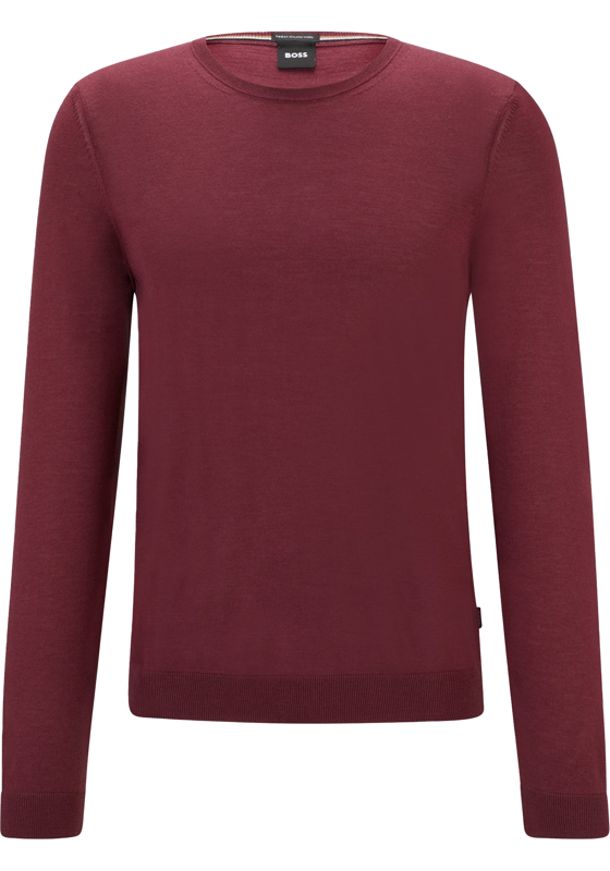 BOSS Leno slim fit trui wol, heren pullover middeldik O-hals, rood BOSS Leno slim fit trui wol, heren pullover middeldik O-hals, rood