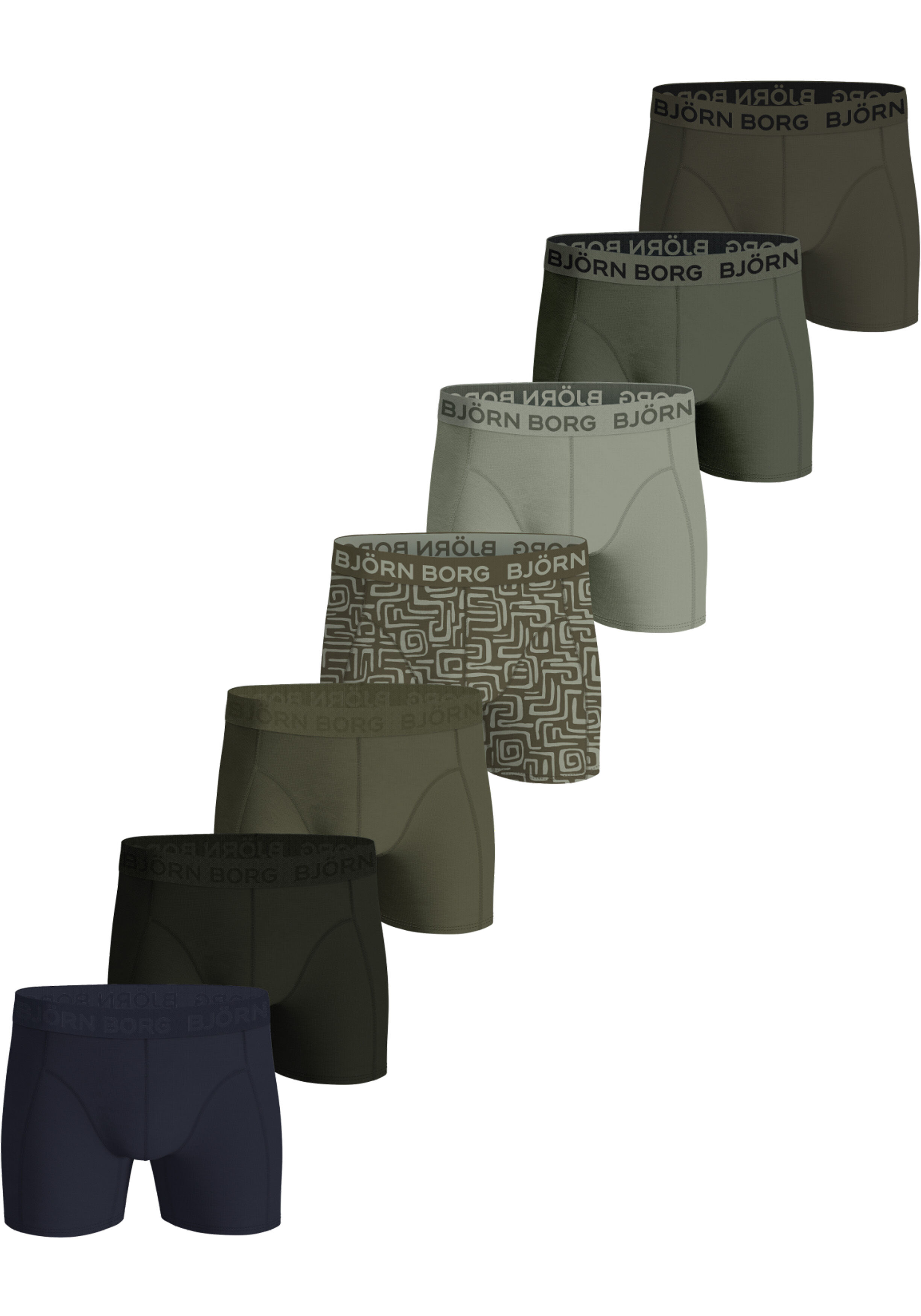 Bjorn Borg Cotton Stretch boxers, heren boxers normale lengte (7-pack), donkerblauw, 5 tinten groen en groene print