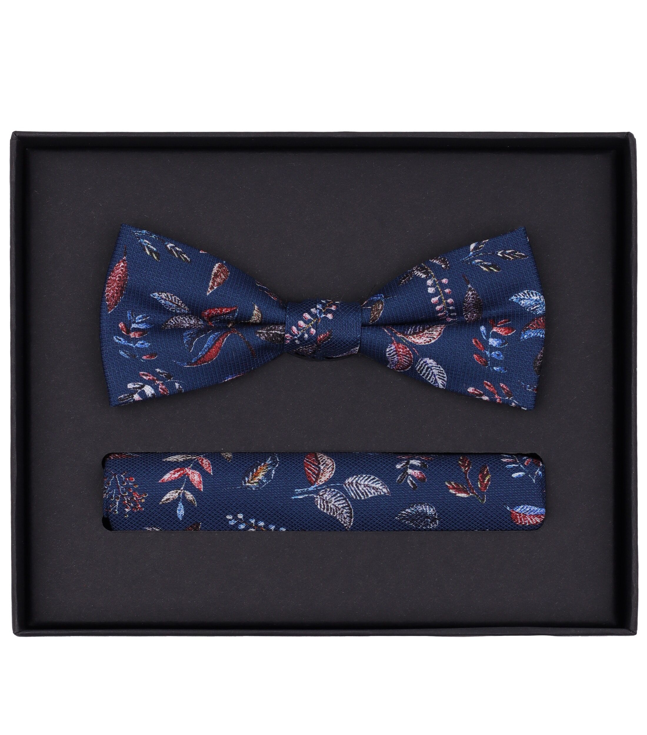 VENTI set met vlinderdas en pochet, blauw met rood, wit en bruin dessin