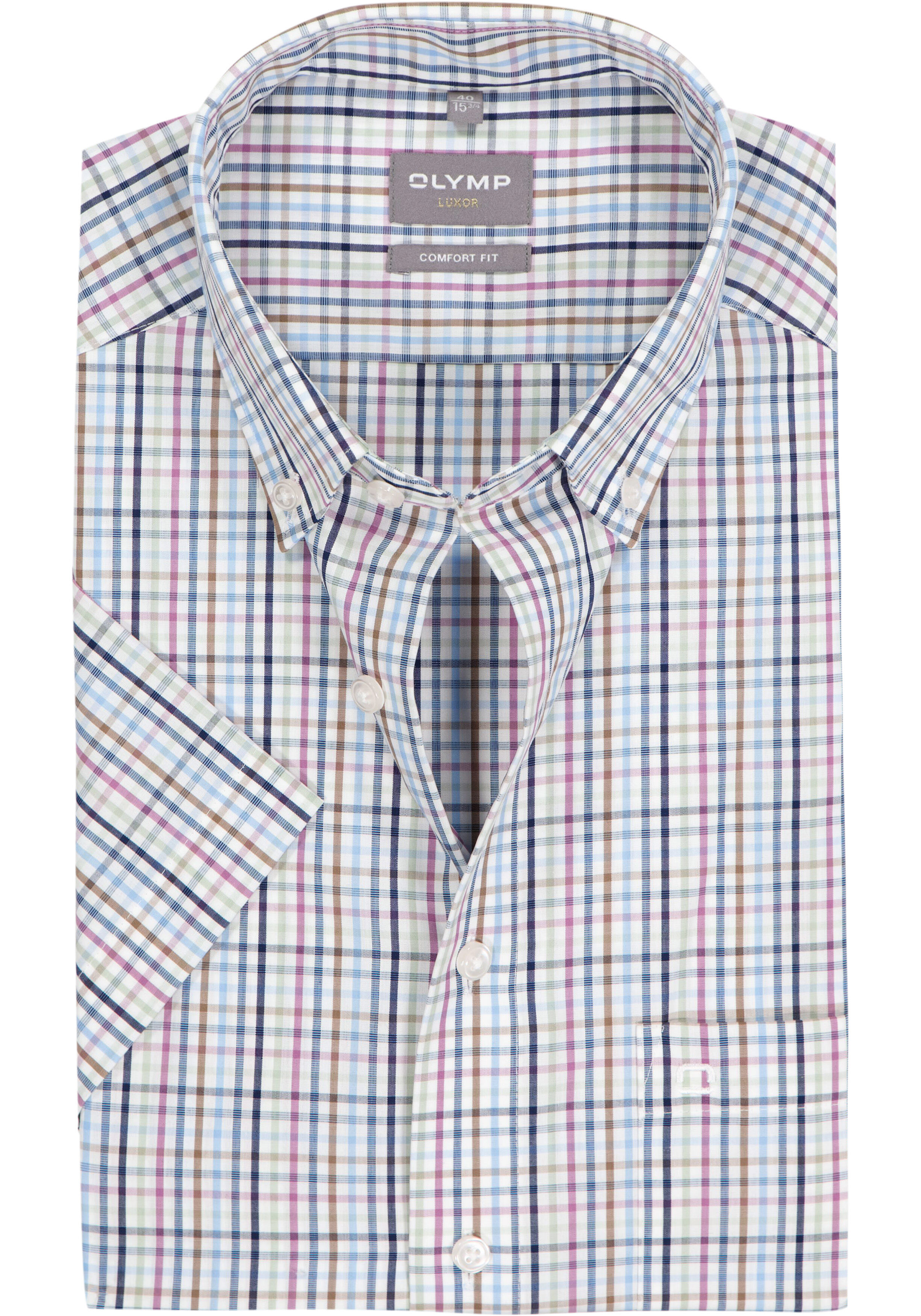 OLYMP Luxor comfort fit overhemd, korte mouw, popeline, wit met blauw en bruin geruit