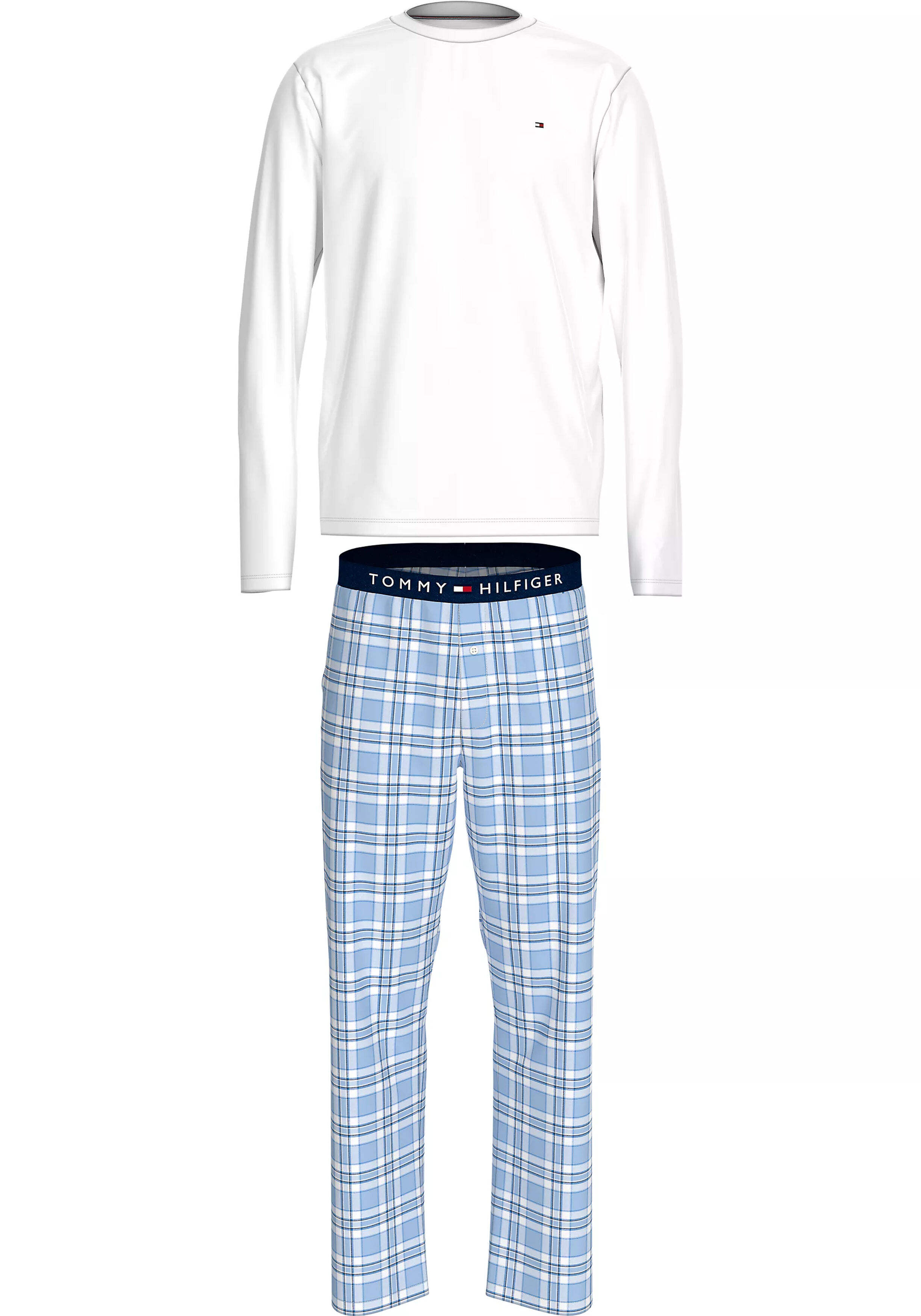 Tommy Hilfiger heren pyjama O-hals, wit shirt met blauw met wit geruite broek
