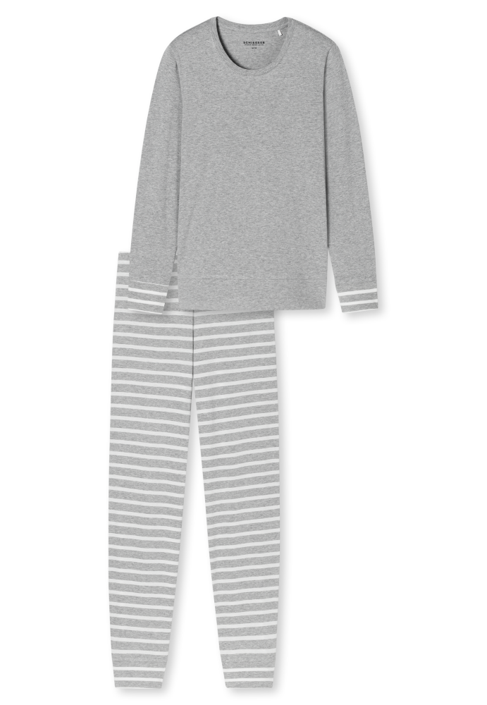 SCHIESSER dames Cotton Essentials Pyjama lang, dames pyjama set, zilvergrijs melange gestreept