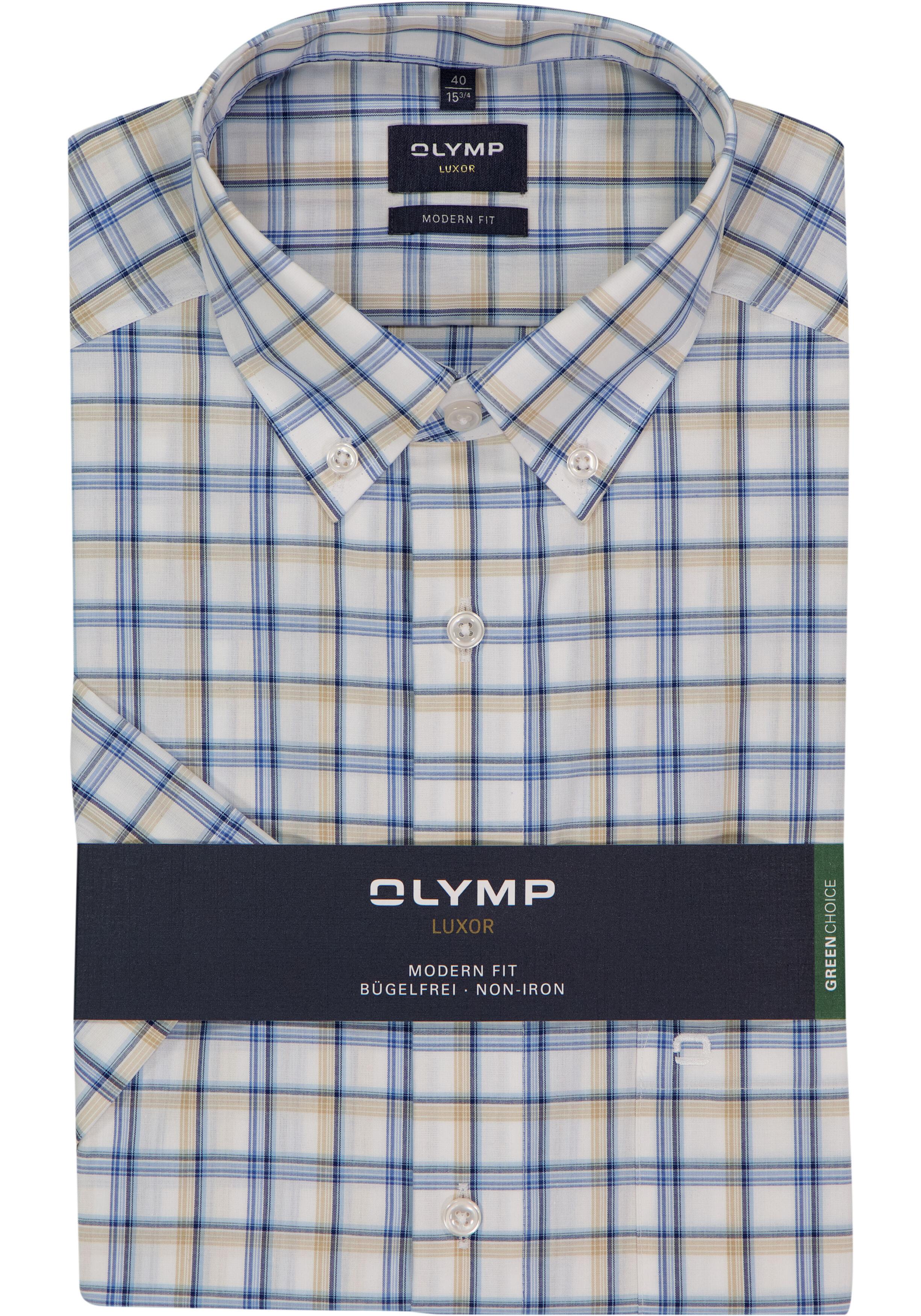 OLYMP modern fit overhemd, korte mouw, popeline, wit met blauw en beige geruit