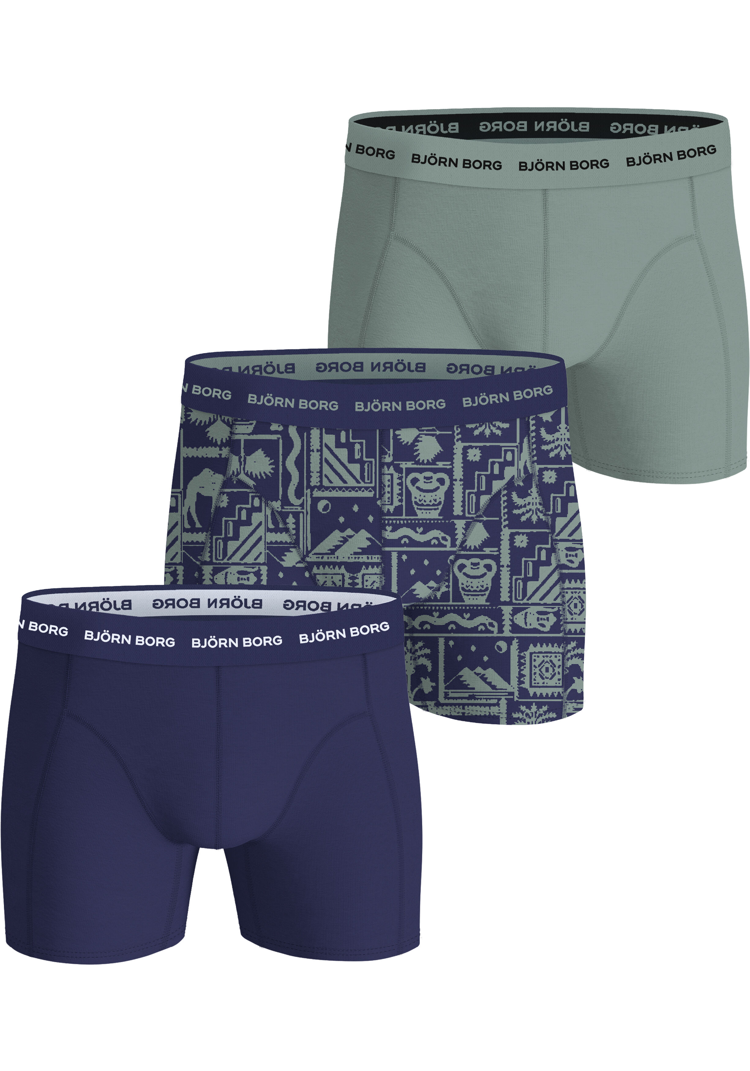 Bjorn Borg Cotton Stretch boxers, heren boxers normale lengte (3-pack), grijs, print, donkerblauw