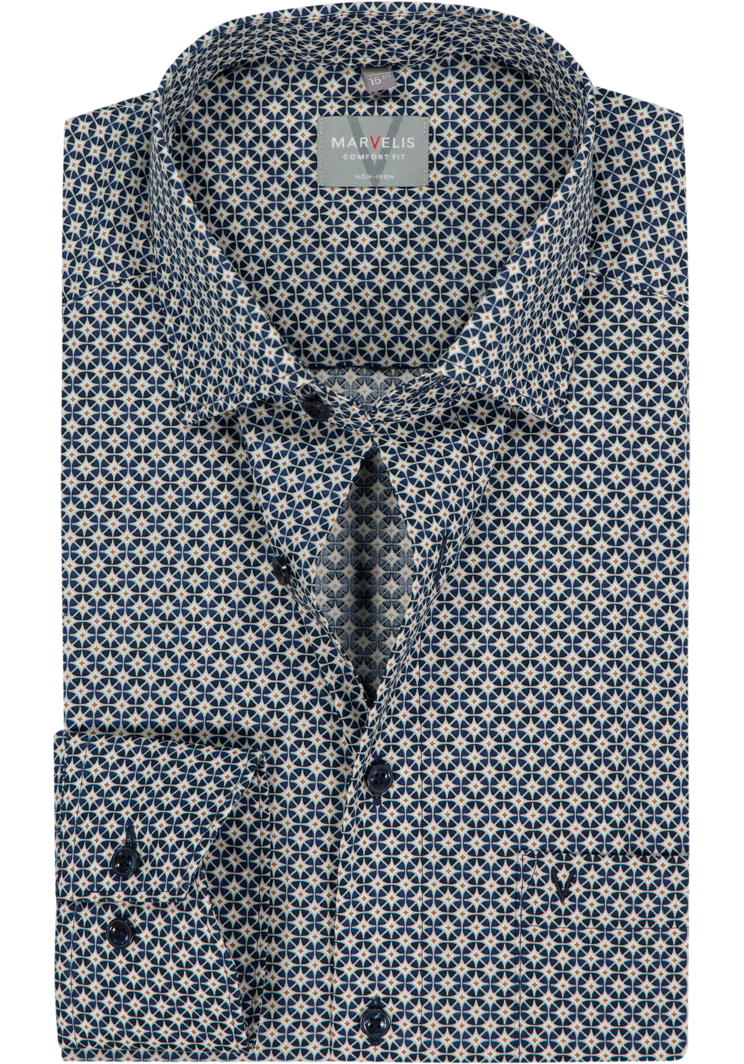 MARVELIS comfort fit overhemd, popeline, blauw met lichtbruin en wit dessin