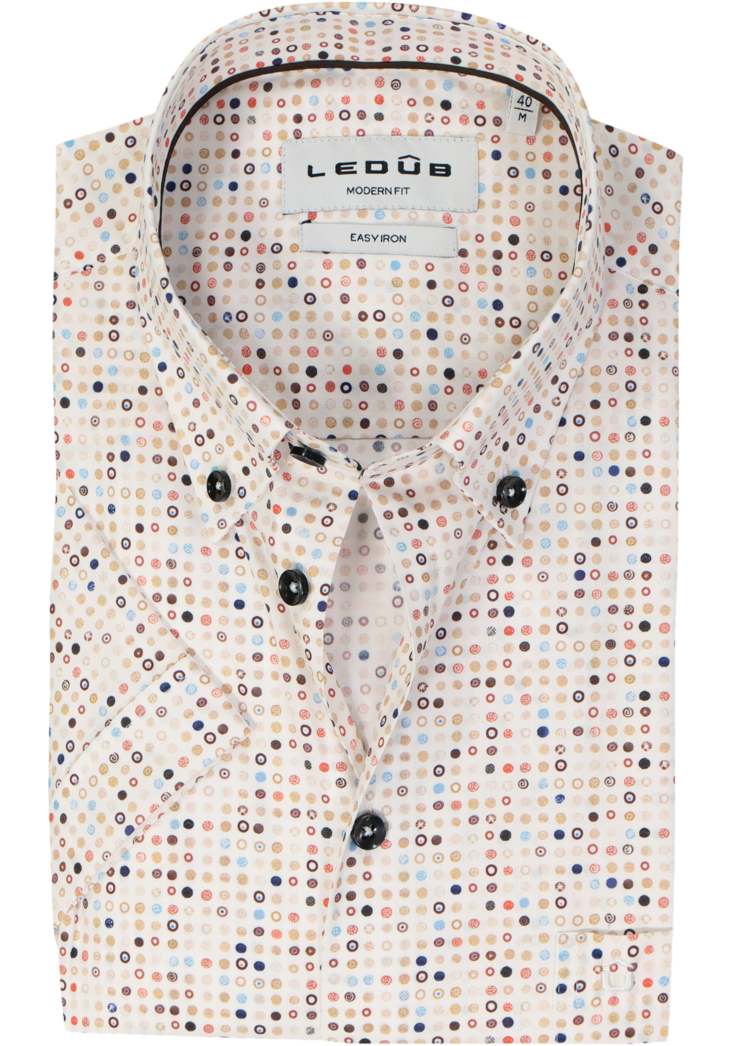 Ledub modern fit overhemd, korte mouw, popeline, wit met bruin en blauw dessin