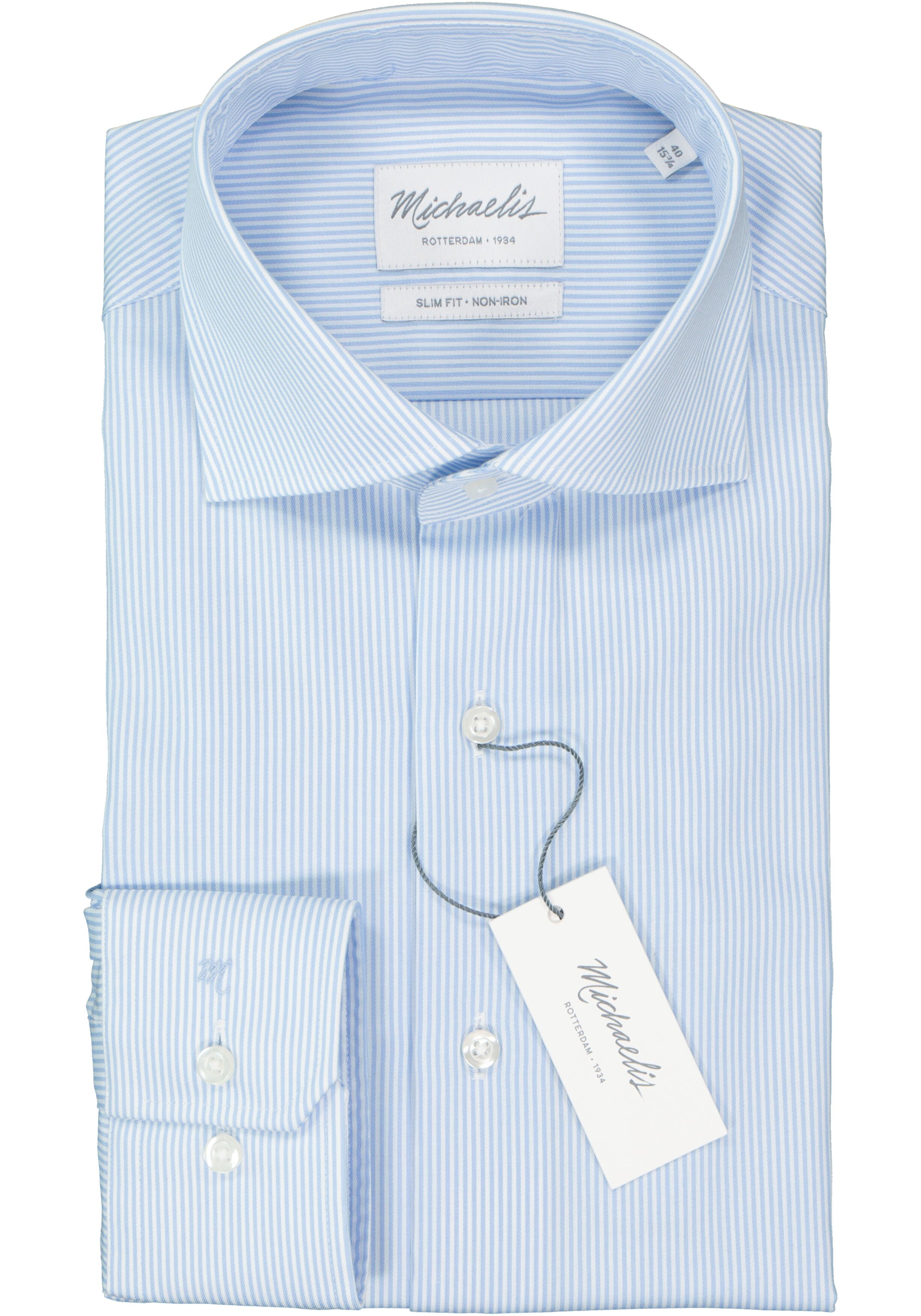 Michaelis Slim Fit overhemd, poplin, lichtblauw met wit gestreept