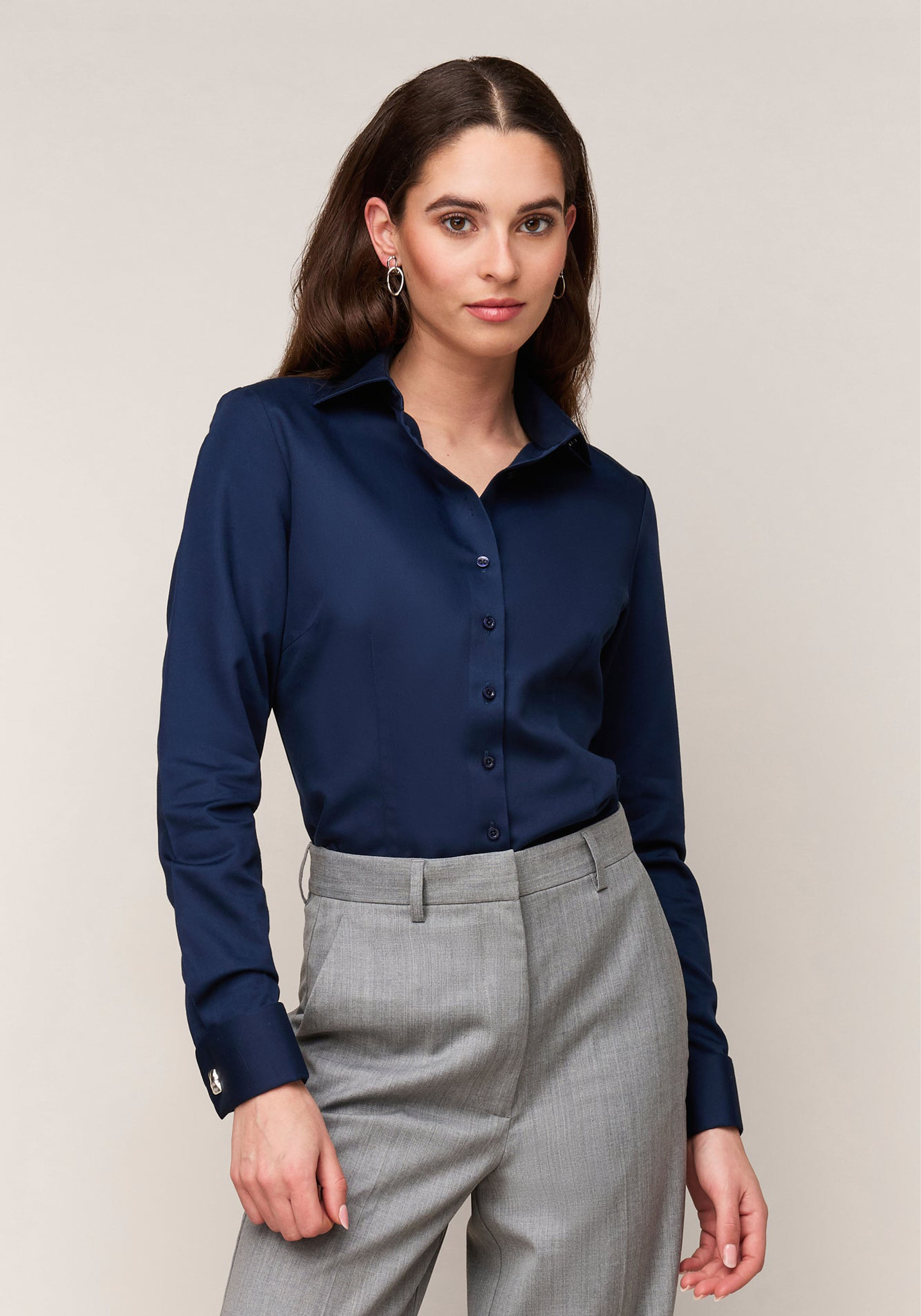 Vander Amsterdam damesblouse slim fit dubbele manchet, twill, navy