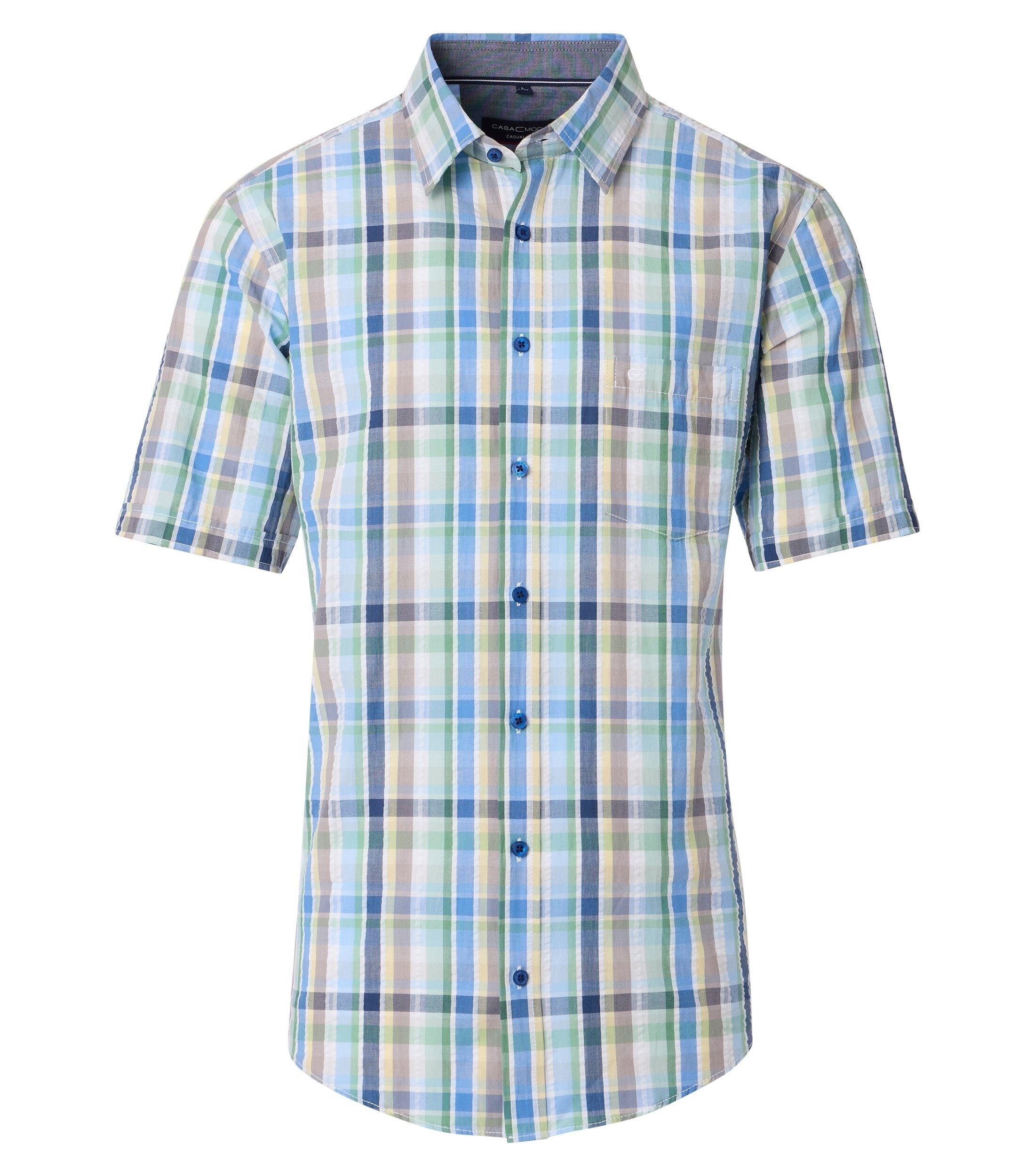 CASA MODA Sport casual fit overhemd, korte mouw, seersucker, beige, groen, blauw en wit geruit