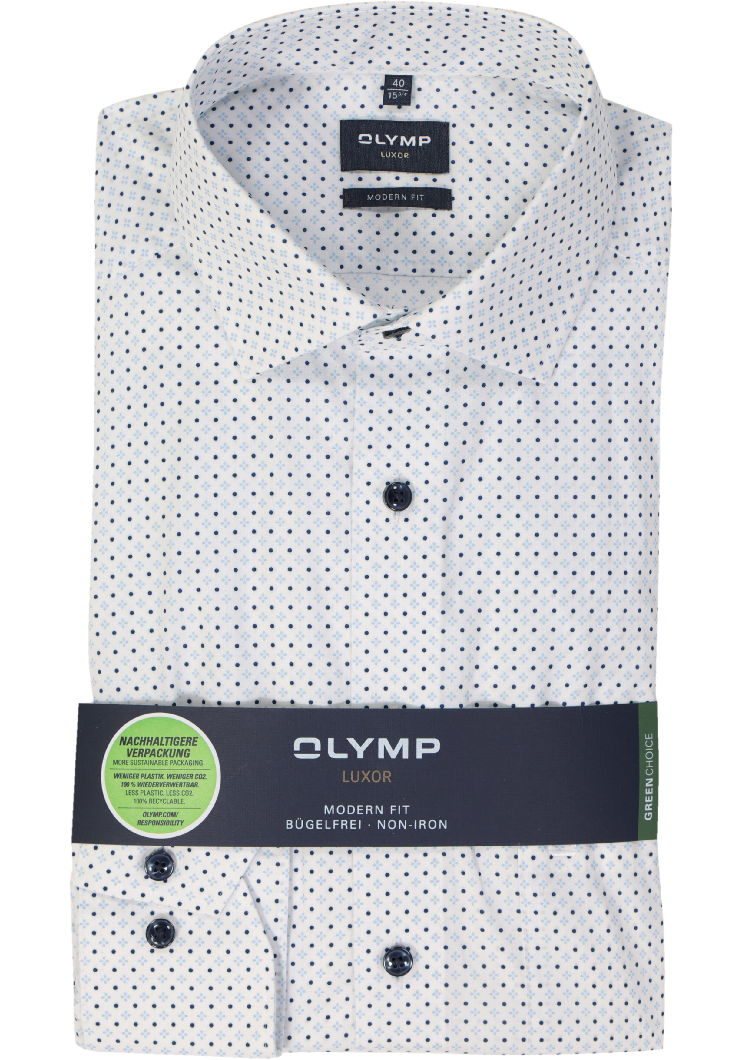 OLYMP modern fit overhemd, mouwlengte 7, popeline, wit met licht- en donkerblauw dessin
