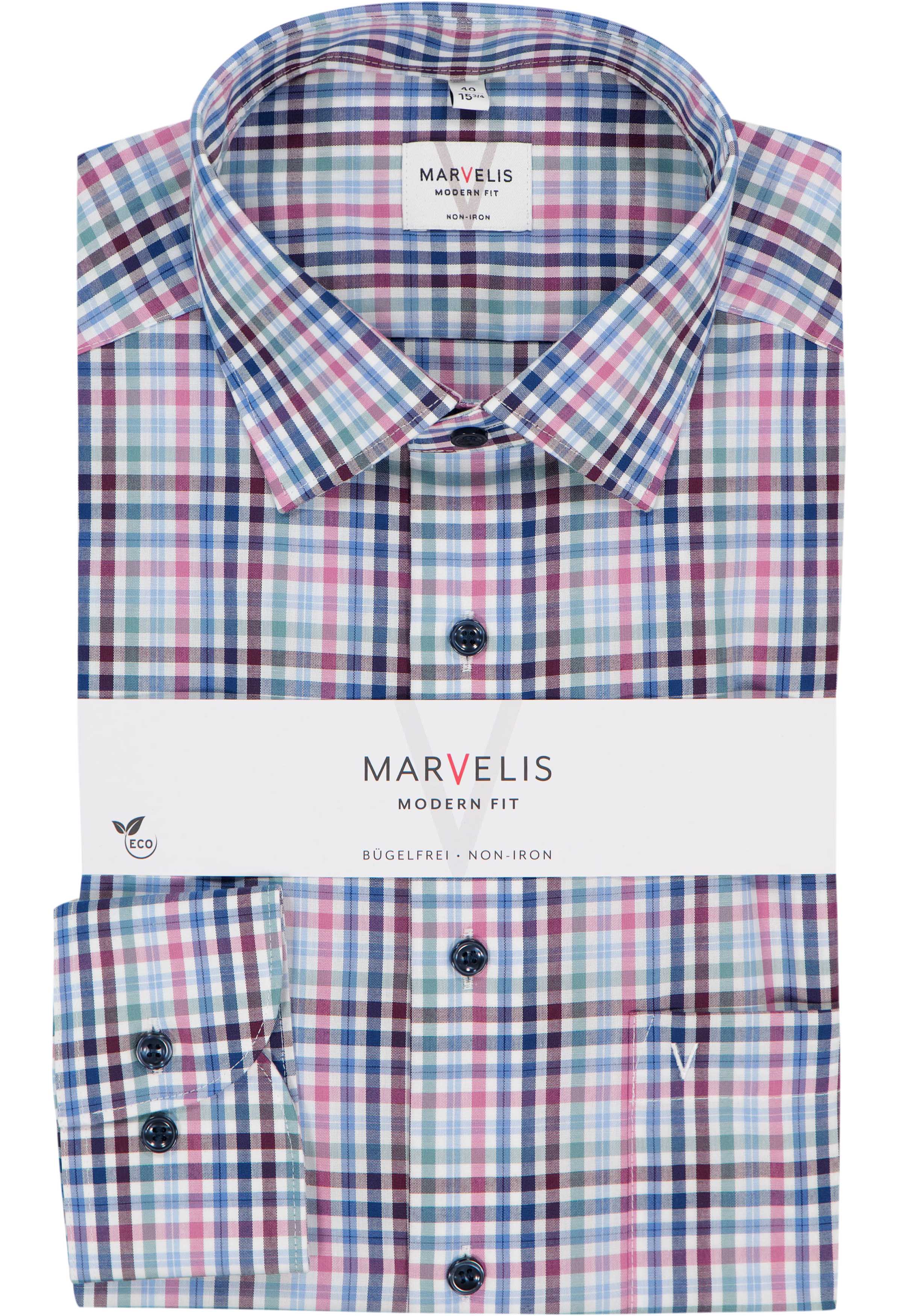 MARVELIS modern fit overhemd, popeline, wit, rood, blauw en groen geruit