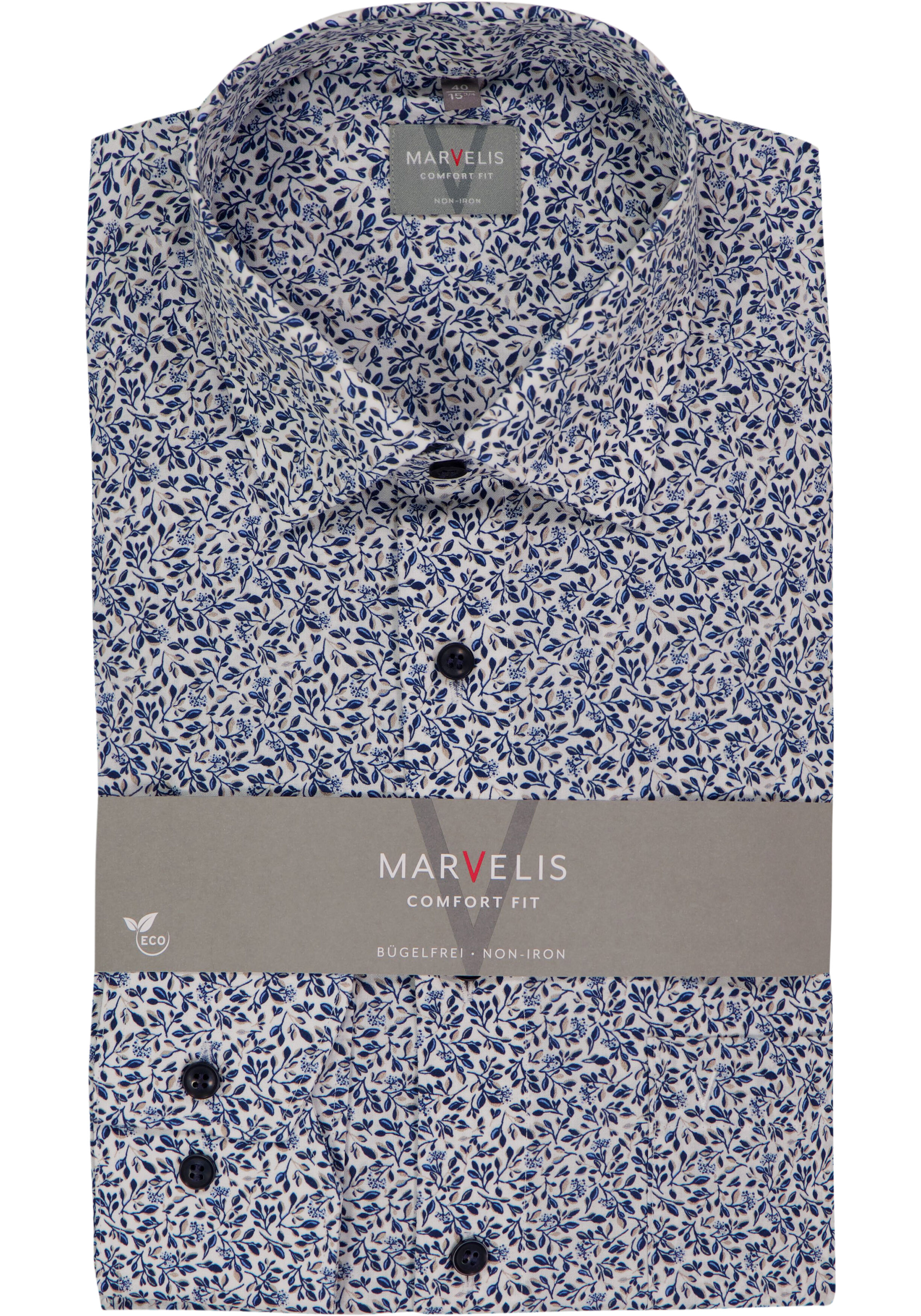 MARVELIS comfort fit overhemd, popeline, beige met blauw dessin
