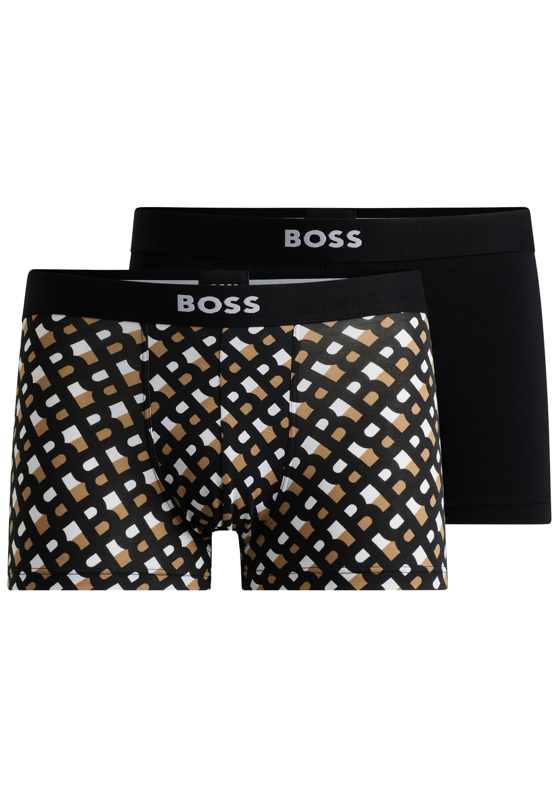 HUGO BOSS trunks (2-pack), heren boxers kort, zwart en zwart, wit beige logo print HUGO BOSS trunks (2-pack), heren boxers kort, zwart en zwart, wit beige logo print