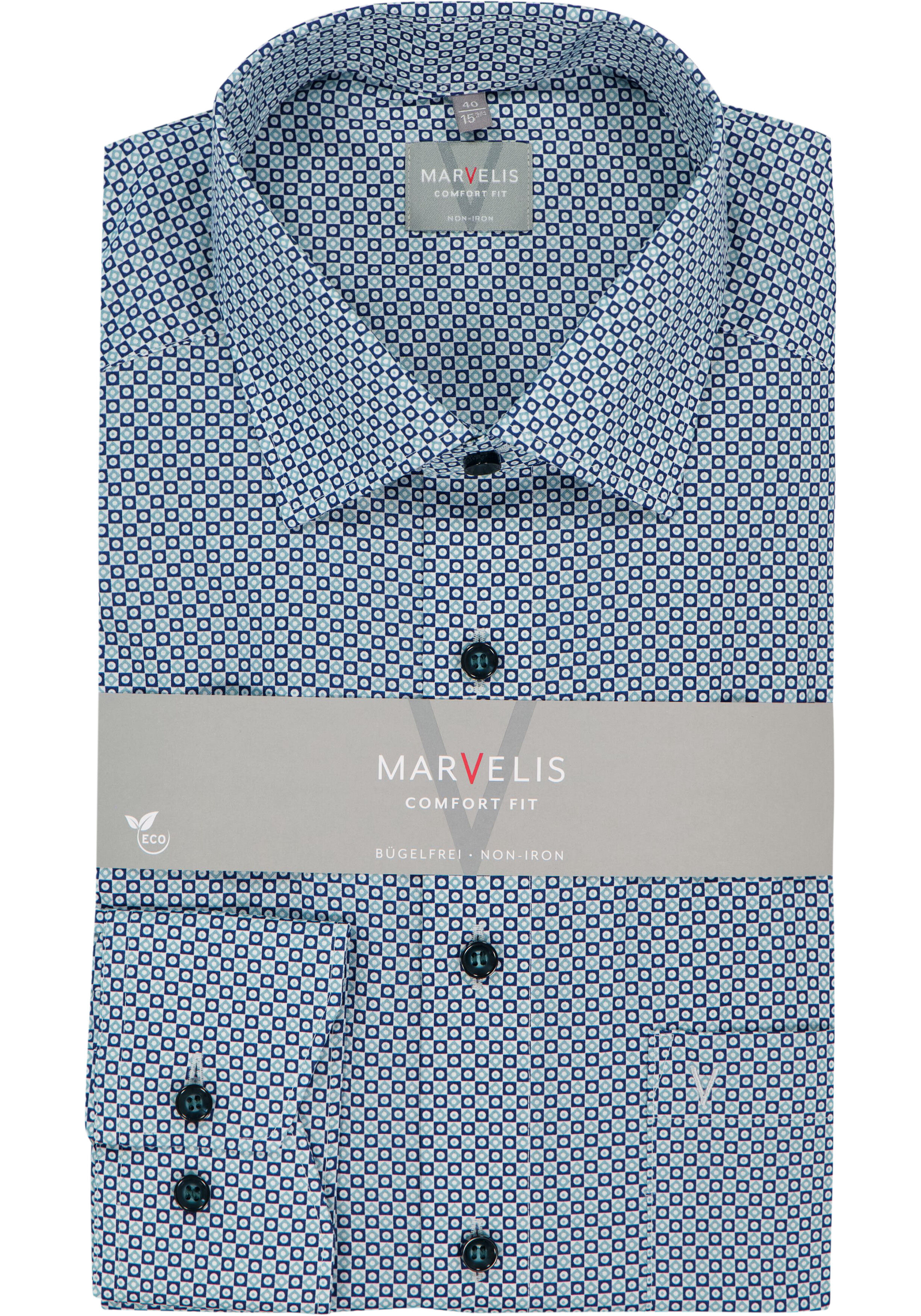 MARVELIS comfort fit overhemd, popeline, wit met donkerblauw en groen dessin