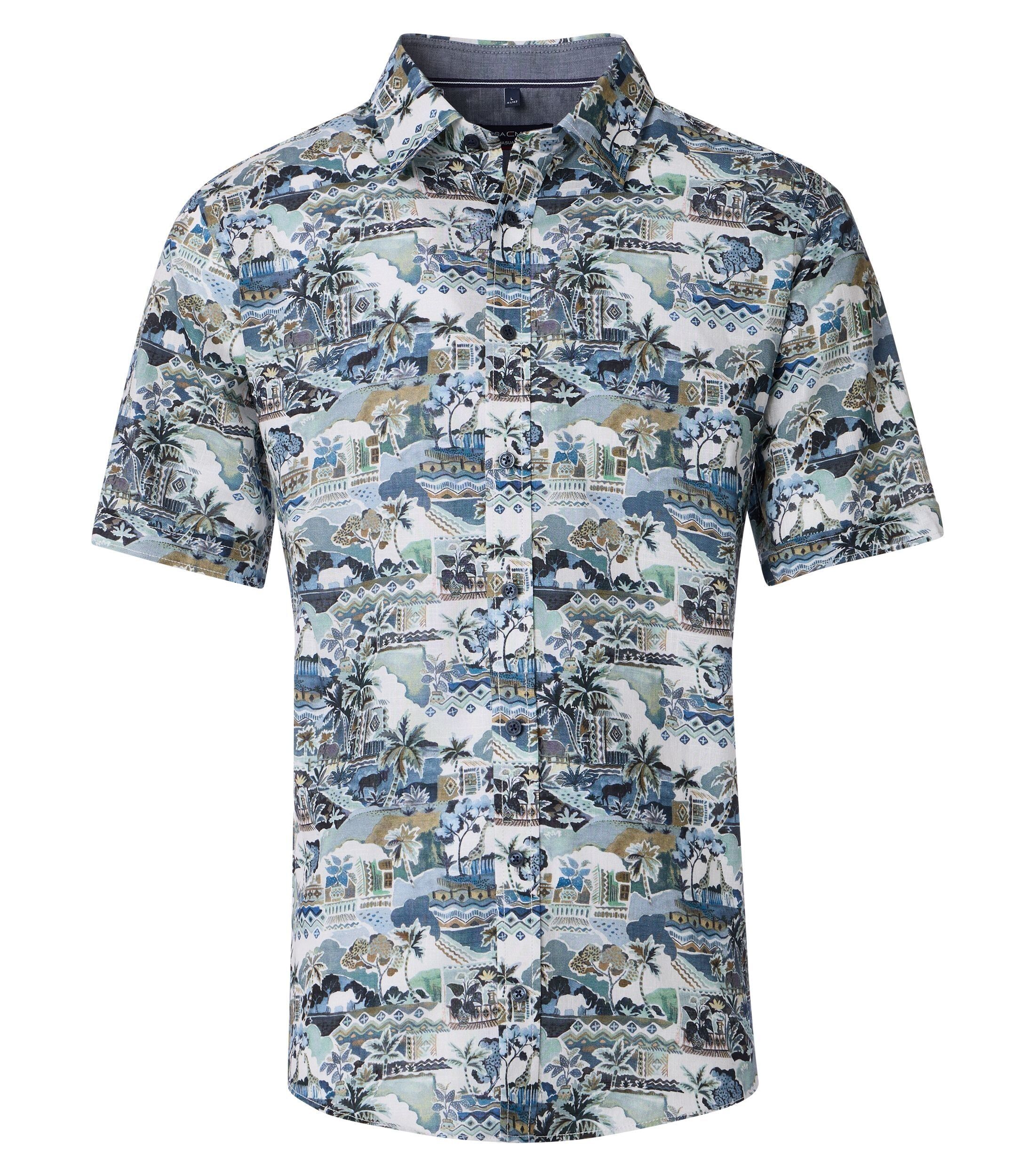 CASA MODA Sport casual fit overhemd, korte mouw, chambray, wit met groen, blauw en beige dessin