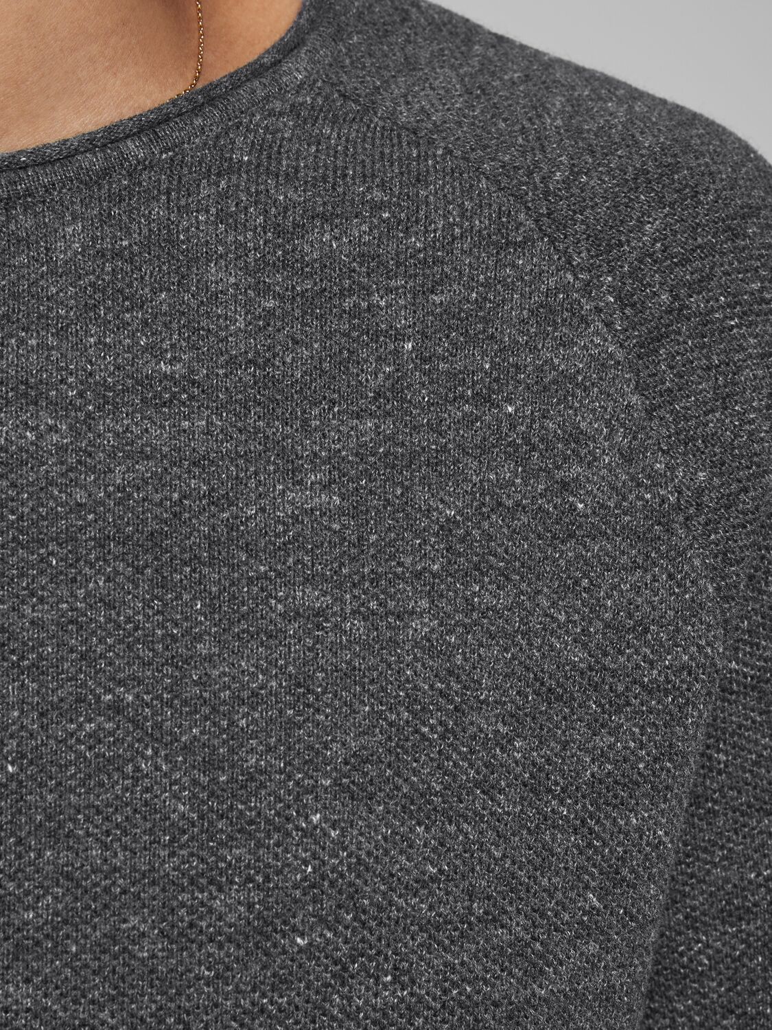 JACK & JONES Hill knit crew neck slim fit, heren pullover katoen met O-hals, donkergrijs melange